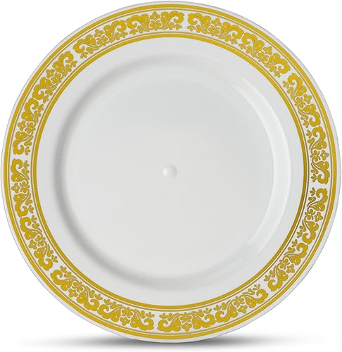 Vista 4 de [10 platos de 6 pulgadas] Laura Stein Designer Vajilla de plástico pesado de alta calidad con borde dorado, plato de fiesta y boda, serie Serviette