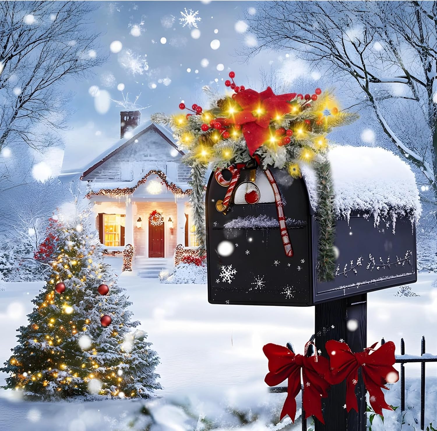 Led Holiday Mailbox Swag, 31.5 X 13.8 Inches, Pine Garland with Red Poinsettias & Berries, Outdoor Christmas Décor