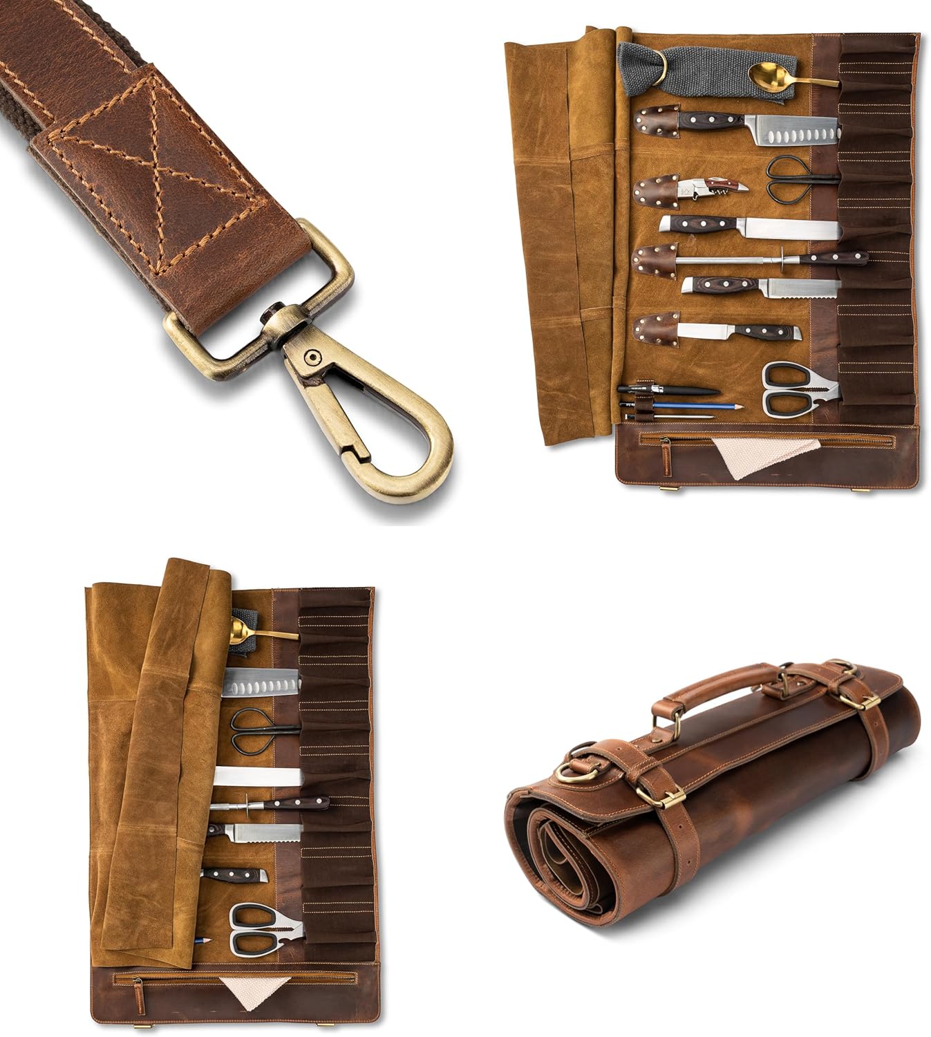 Angus Stoke premium leather knife roll storage bag XXL - 14 pockets, buffalo leather with shoulder strap, chef's knife bag case Rene (Walnut-Brown)