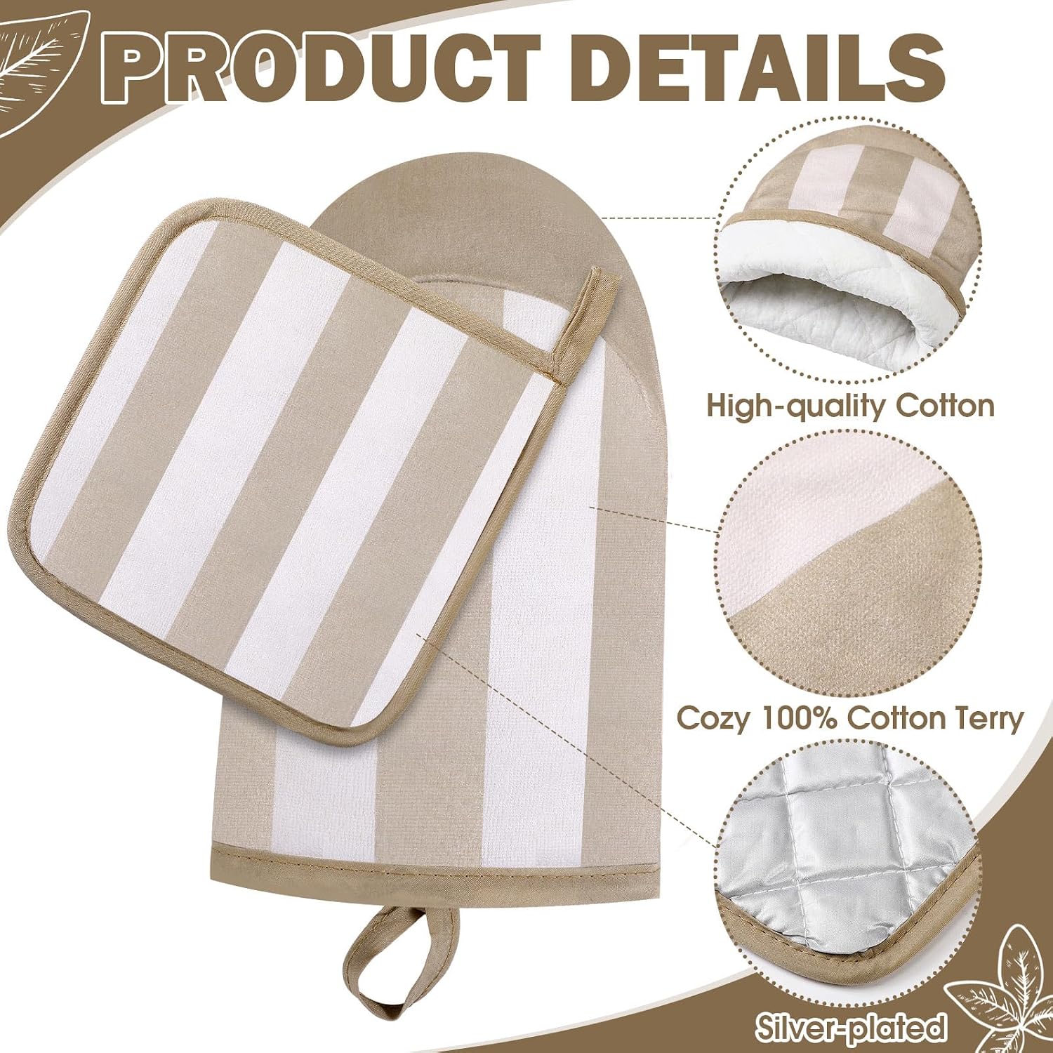 Reallnaive 4 Pcs Stripe Oven Mitts and Pot Holders Set, Cotton Oven Mitten Gloves Hot Pads Heat Resistant 500°f for Kitchen, Outdoor Indoor Garden Baking Cooking BBQ Gift Hanging Loop, Beige(Brown)