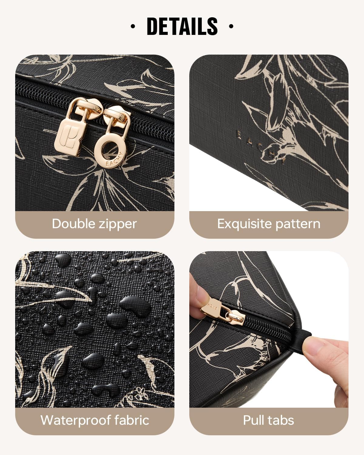 EACHY Travel Makeup Bag, Large Capacity Cosmetic Bags for Women, Waterproof Portable Pouch Open Flat Toiletry Bag Pattern Make up Bag (F-Black) - Image 5