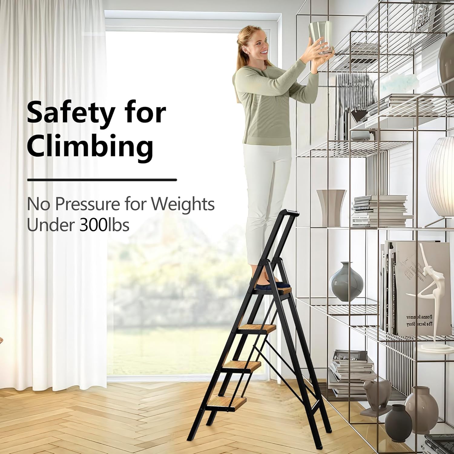 Step Ladder 4 Step Folding Stool with Anti-Slip Widened Sturdy Pedal and Handgrip, Portable Lightweight Aluminum Ladder for Home,Kitchen,300 lbs Capacity-Black+Woodgrain 4 Step Black+wood Grain