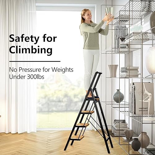 Vista 46 de Escalera de 4 escalones, taburete plegable con pedal antideslizante ancho y resistente, escalera de escalera de aluminio ligero y portátil, Dorado