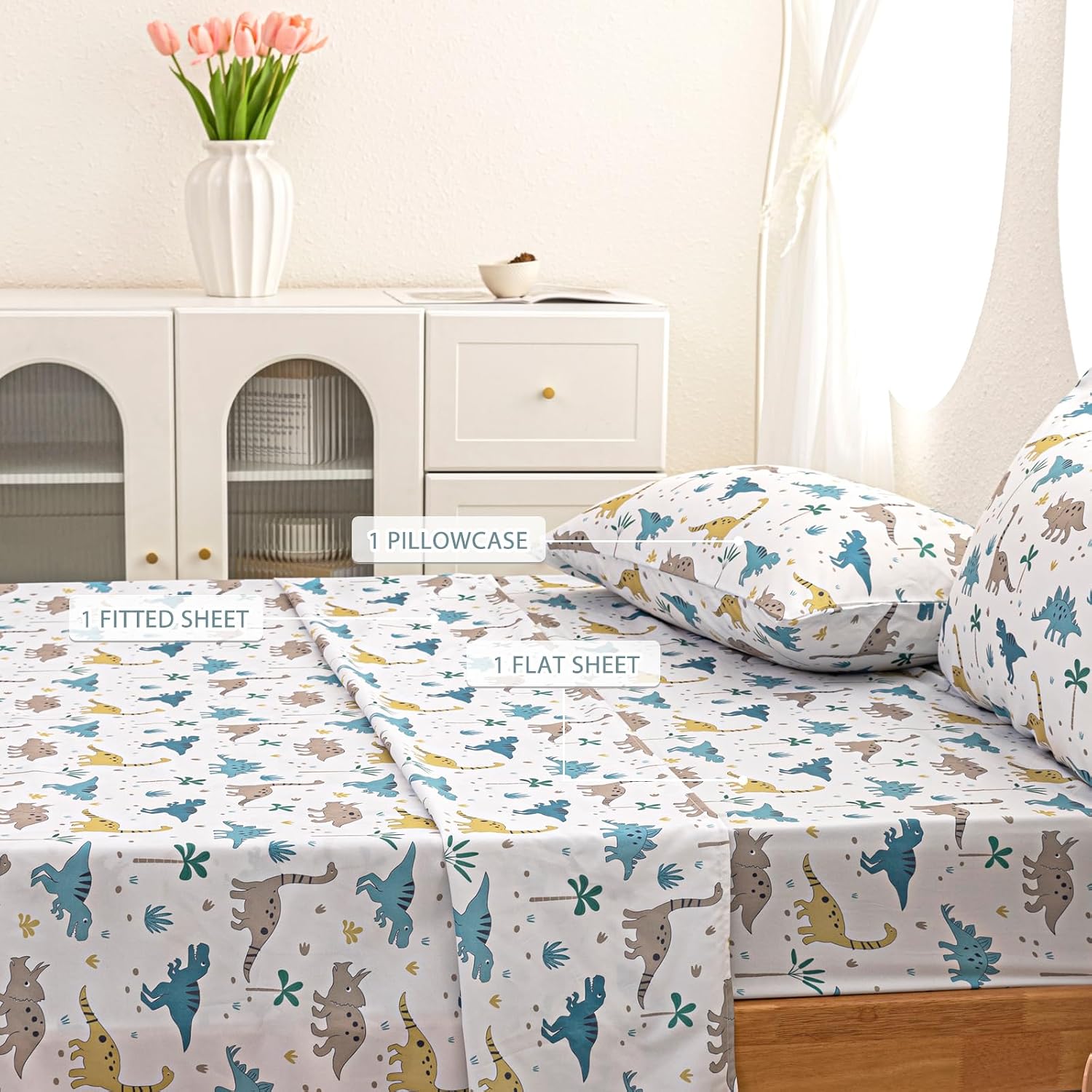 Twin Size Bed Sheets for Boys Kids - 3-Piece Jurassic Dinosaur Bedding Set, Breathable Light Grey Dino 3D Fitted Sheets with 14" Deep Pocket, Ultra-Soft Lightweight Bedroom Essentials