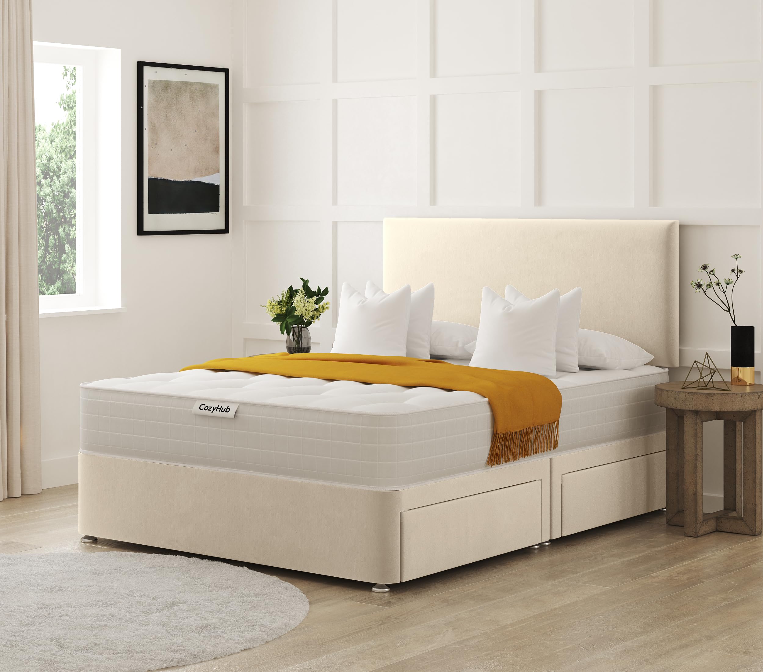 COZY HUB LTD Plain Plush Velvet Divan Bed with 10 Inch Ortho Tufted Mattress & Headboard – Luxury Divan Set with Drawer Storage Options. (Cream, 4Ft- No Drawers)