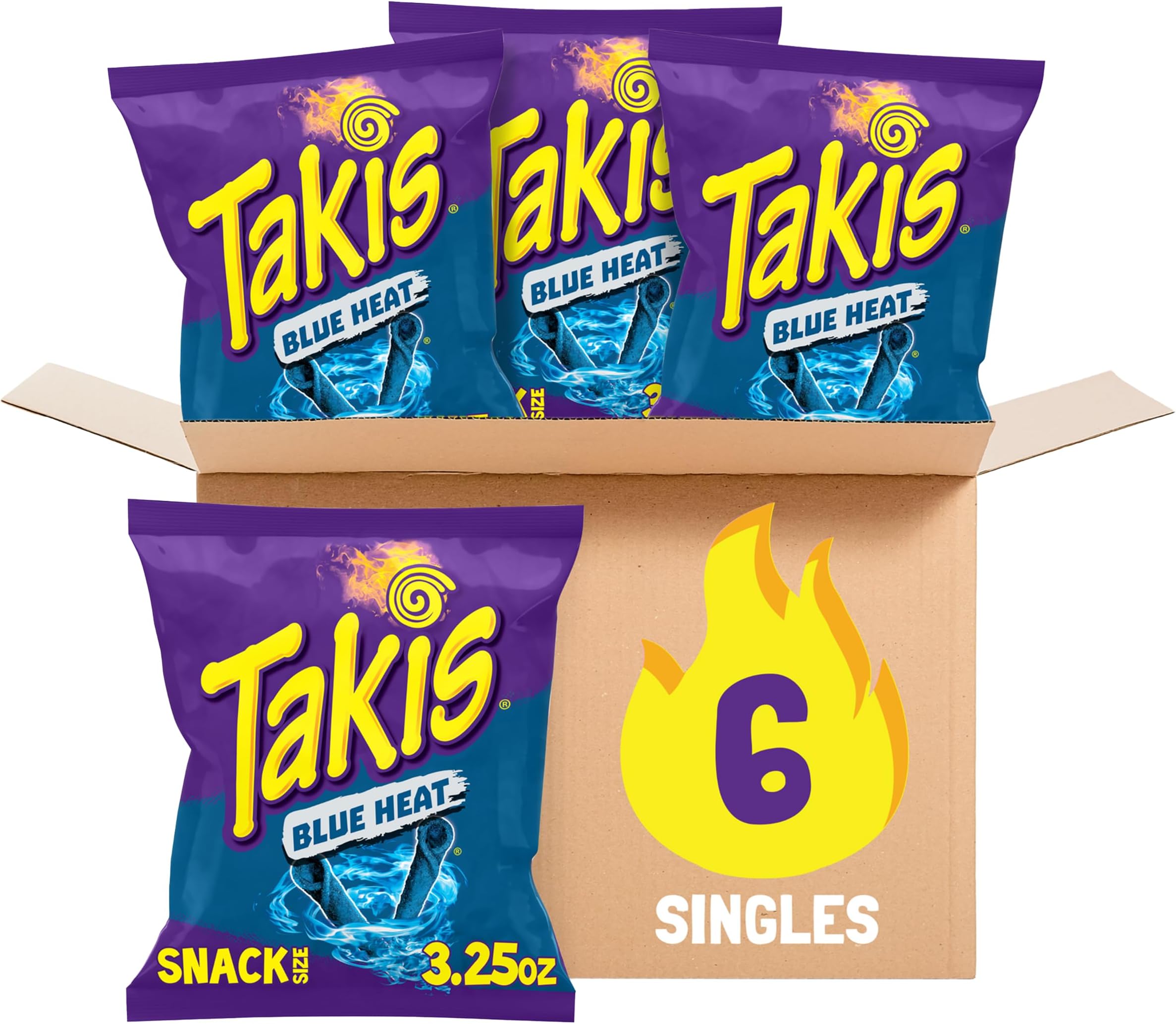 Blue Heat 6 pc / 3.25 oz Snack Size Case, Hot Chili Pepper Flavored Extreme Spicy Rolled Tortilla Chips