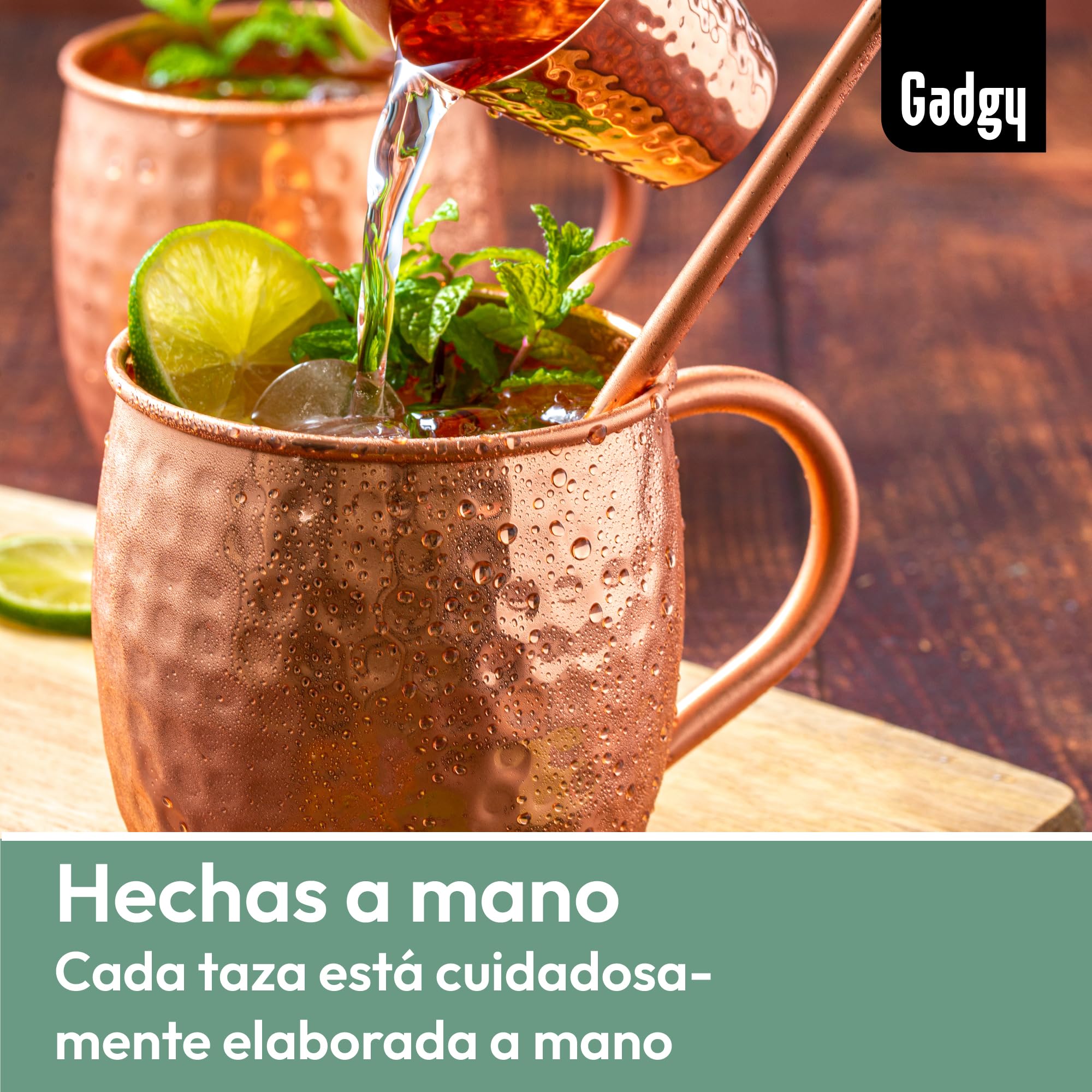 Conjunto de Vasos Moscow Mule Gadgy - Set de Tazas de Cóctel - 4 Vasos de Cobre, 4 Pajitas y un Jigger - 100% Cobre y Hecho a Mano - Regalo para Fiestas