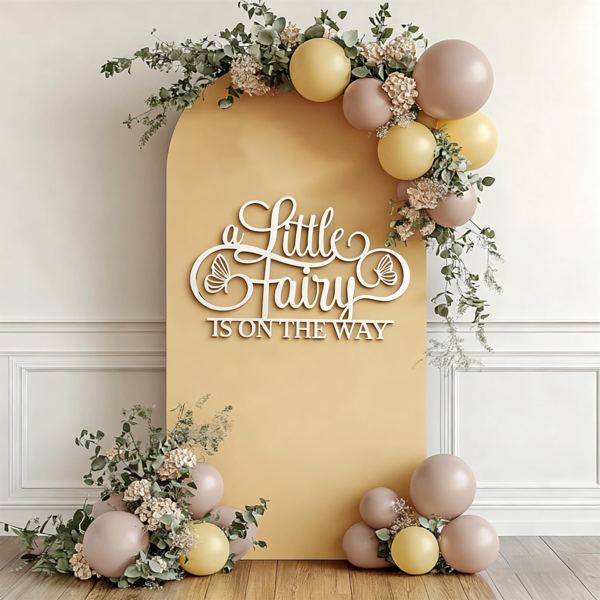 Drewniany znak "Mała wróżka jest w drodze", motyw wróżki powitalne dekoracje na przyjęcie dla dziecka, dekoracje na baby shower dla dziewczynki na baby shower, ujawnienie płci, łuk balonowy, dekoracja