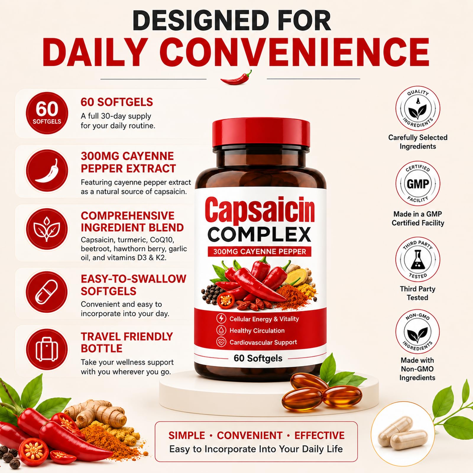 Capsaicin Complex, Cayenne Pepper Extract 300mg with CoQ10, Turmeric, Vitamin D3 & K2, Beetroot Powder, Hawthorn Berry & Garlic Oil, 60 Softgels — Amazon image 6