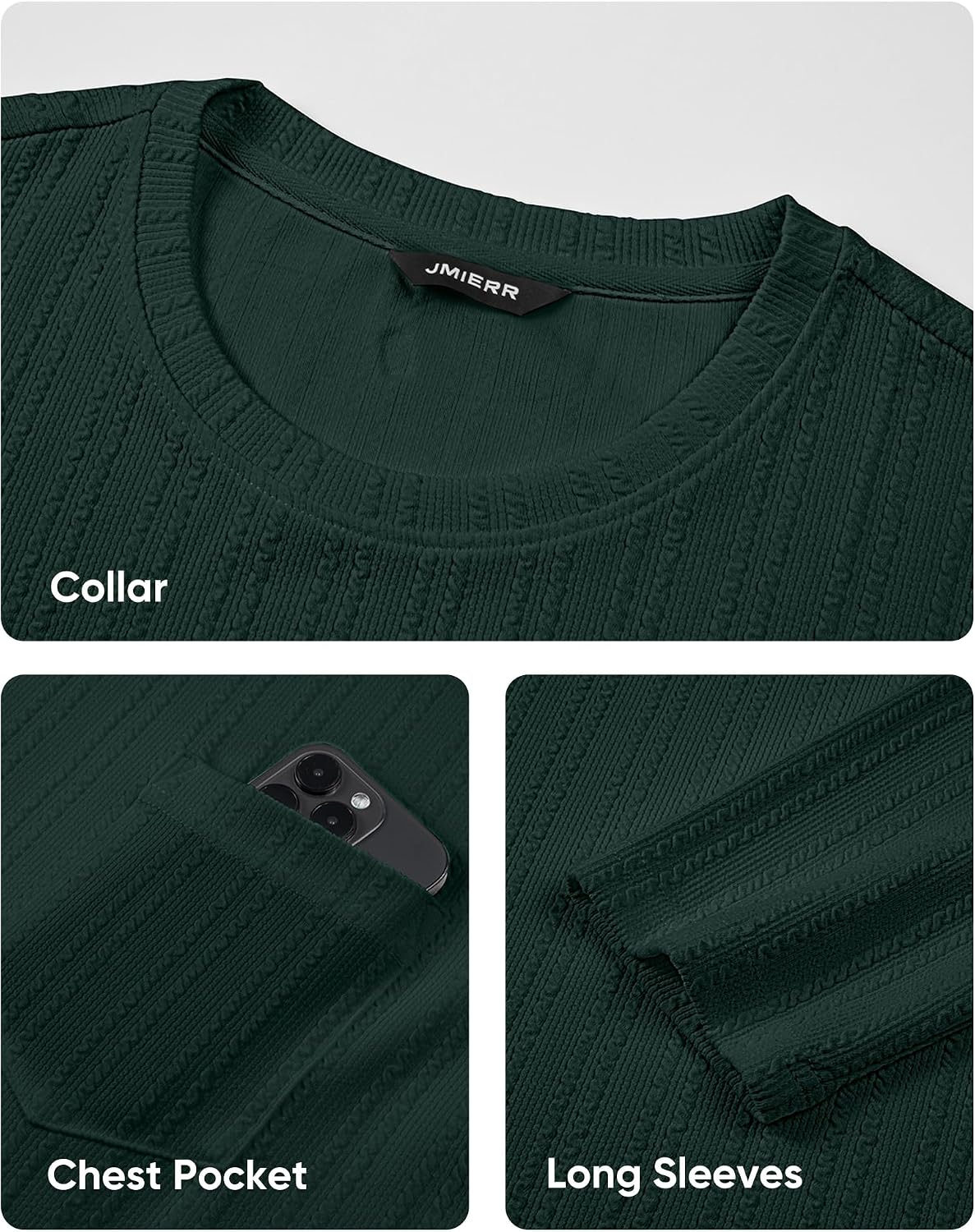 JMIERR Men's Long Sleeve Shirts Casual Crewneck Pullover T-Shirt Stretch Textured Knit Tee with Pocket