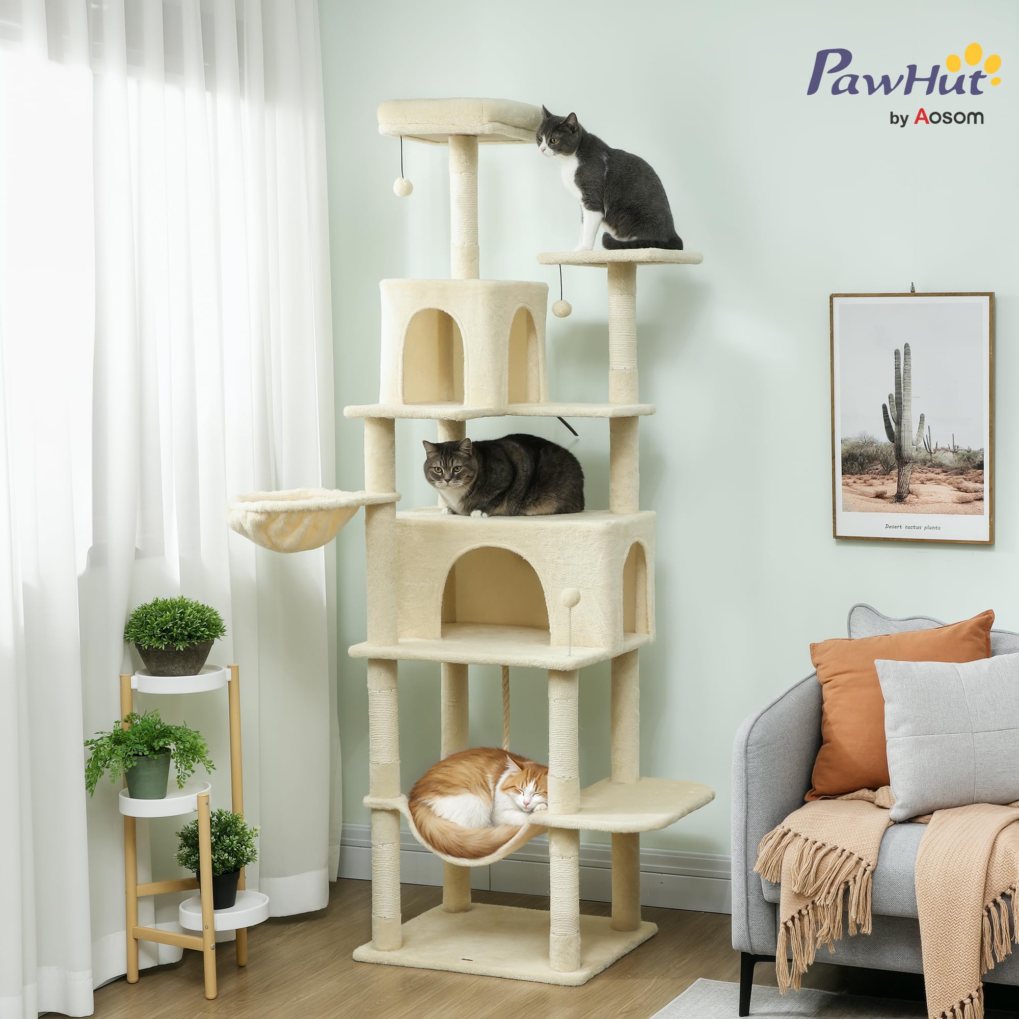 PawHut Árbol Rascador para Gatos 202 cm con 2 Cuevas Beige | Árbol para Gatos, Torre Escalador, 2 Hamacas, 6 Postes de Sisal, 3 Bolas, Cuerda para Jugar