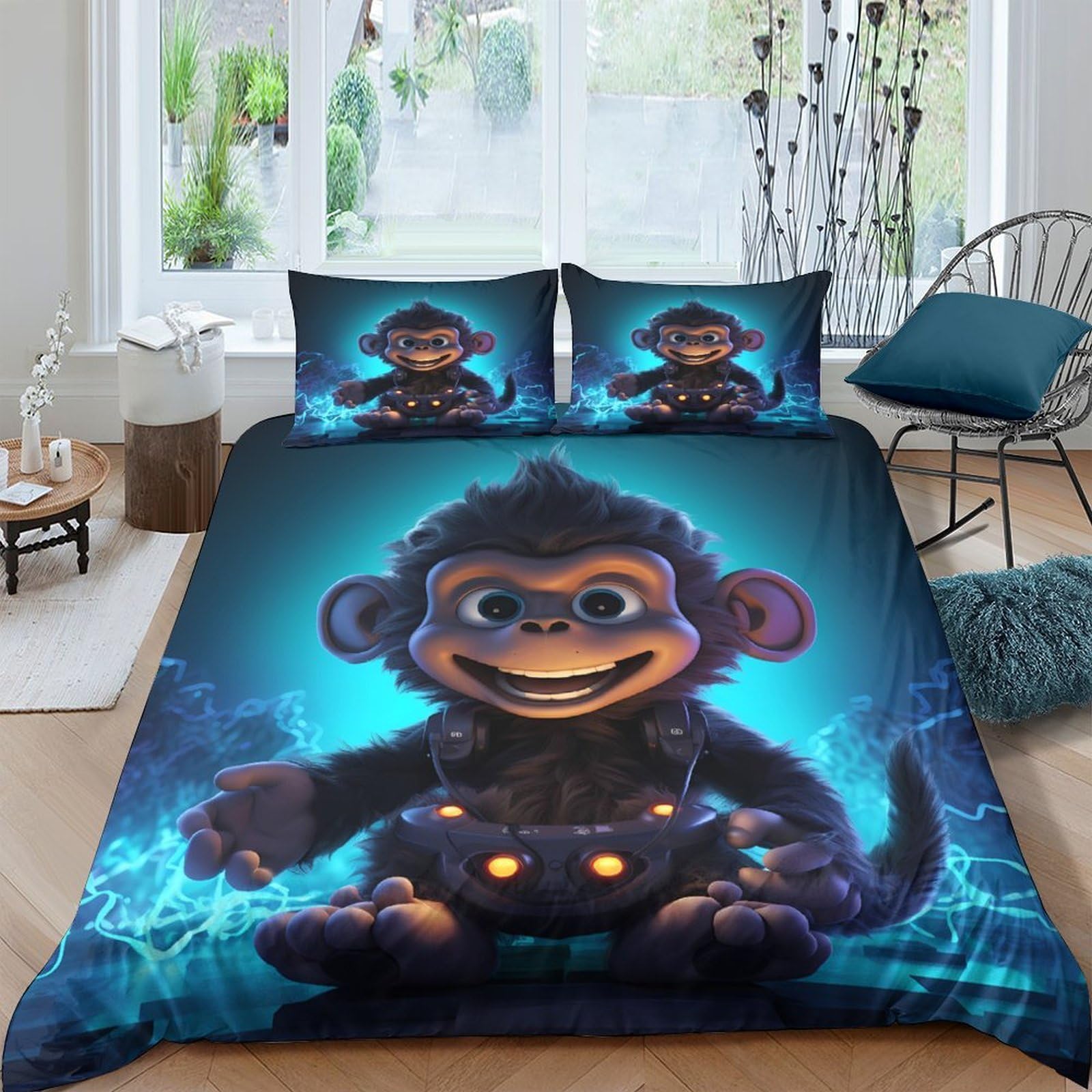 Ctjqhvkz Style-9 3D Printed Cartoon Monkey Fitted Sheet Microfiber Soft Blue Jungle Mattress Cover For Bedroom Dorm Room Decorative Mattress Protection Single（135X200cm）