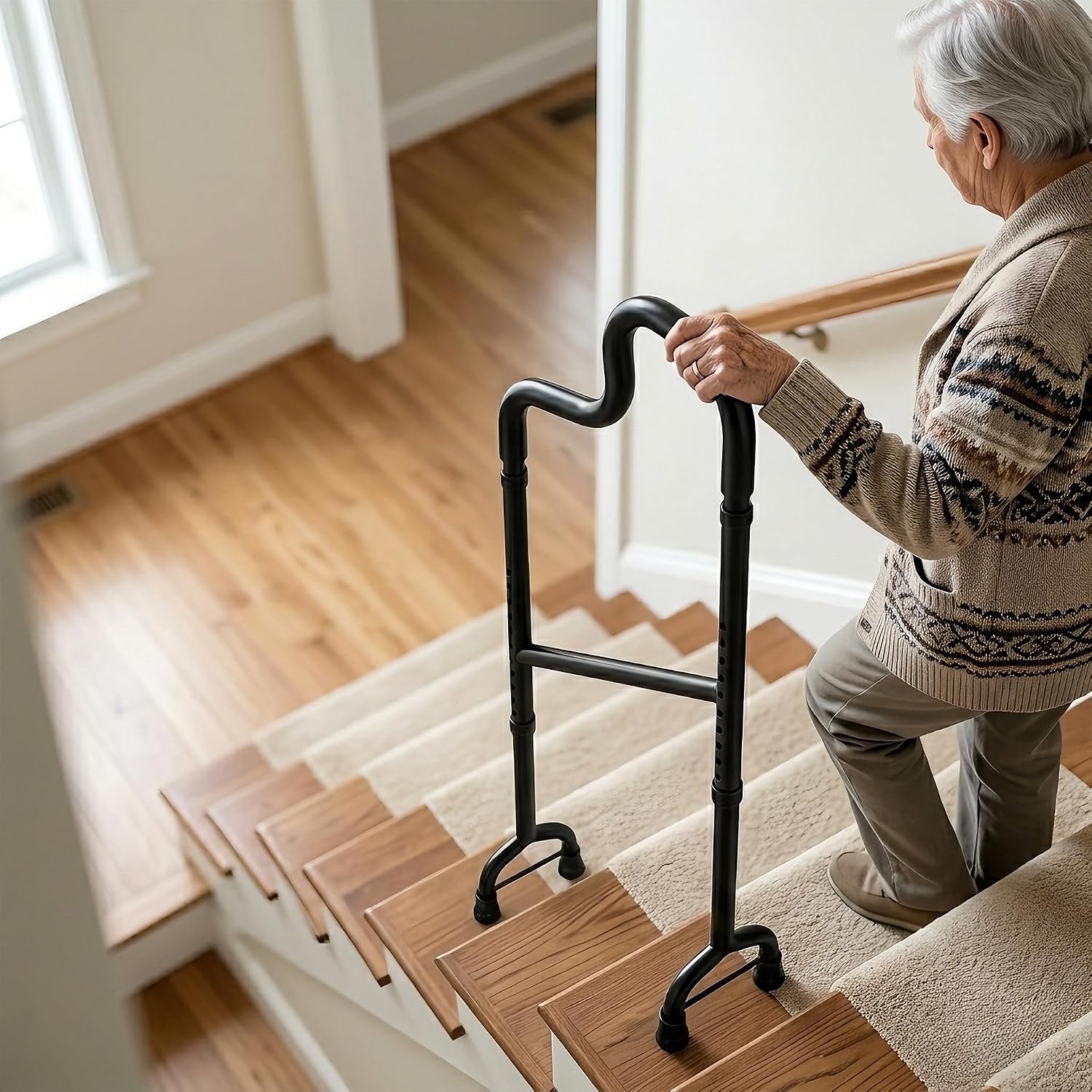 Stair Cane, Stair Lift Assist for Going Up and Down Stairs,Multi-Height Grip Positions & Full Height Adjustment, Assistive Indoor Stair Handrail for Handicap & Mobility Impaired