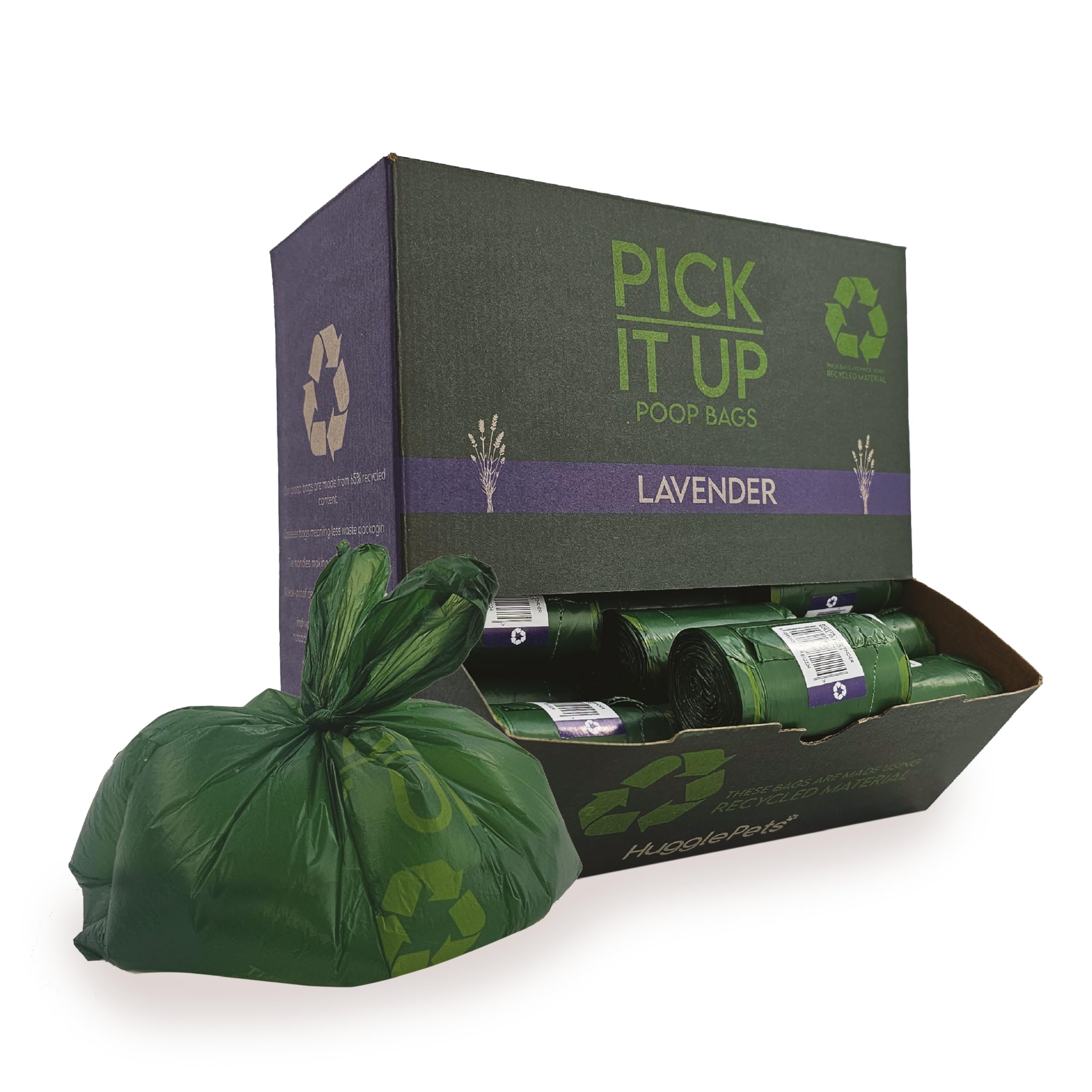 HugglePets Large Tie Handle Dog Poo Bags Rolls - 54 x 15 Bags, Total 810. 'Pick It Up' Lavender Scented Dog Poop Bags Rolls 65% Recycled Green Pet Waste Holders