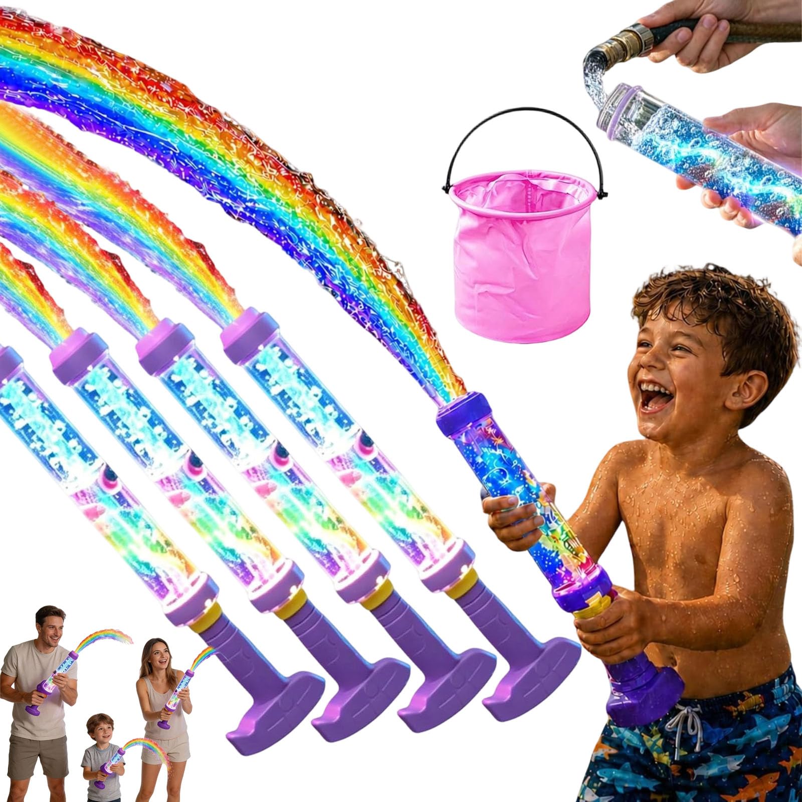 2026 New Glowing Rainbow LED Water Blaster | Summer Fun That Pops like Magic, Glowing Rainbow Water Blaster, Pull Push Firework Waters Blasters, For Pool Parties and Outdoor Activities (4PCS)