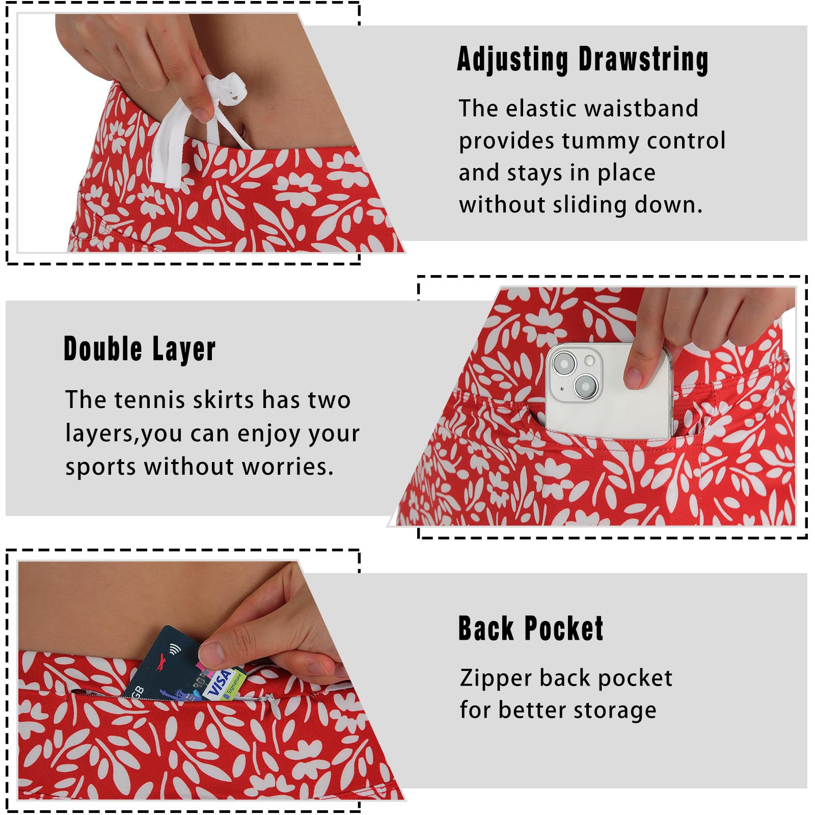 beroy Jupe-Short mi-Longue pour Femme avec 3 Poches, Jupes modestes pour Femme, Longueur Genou de 61 cm, Motif Floral Rouge et Blanc., Taille L