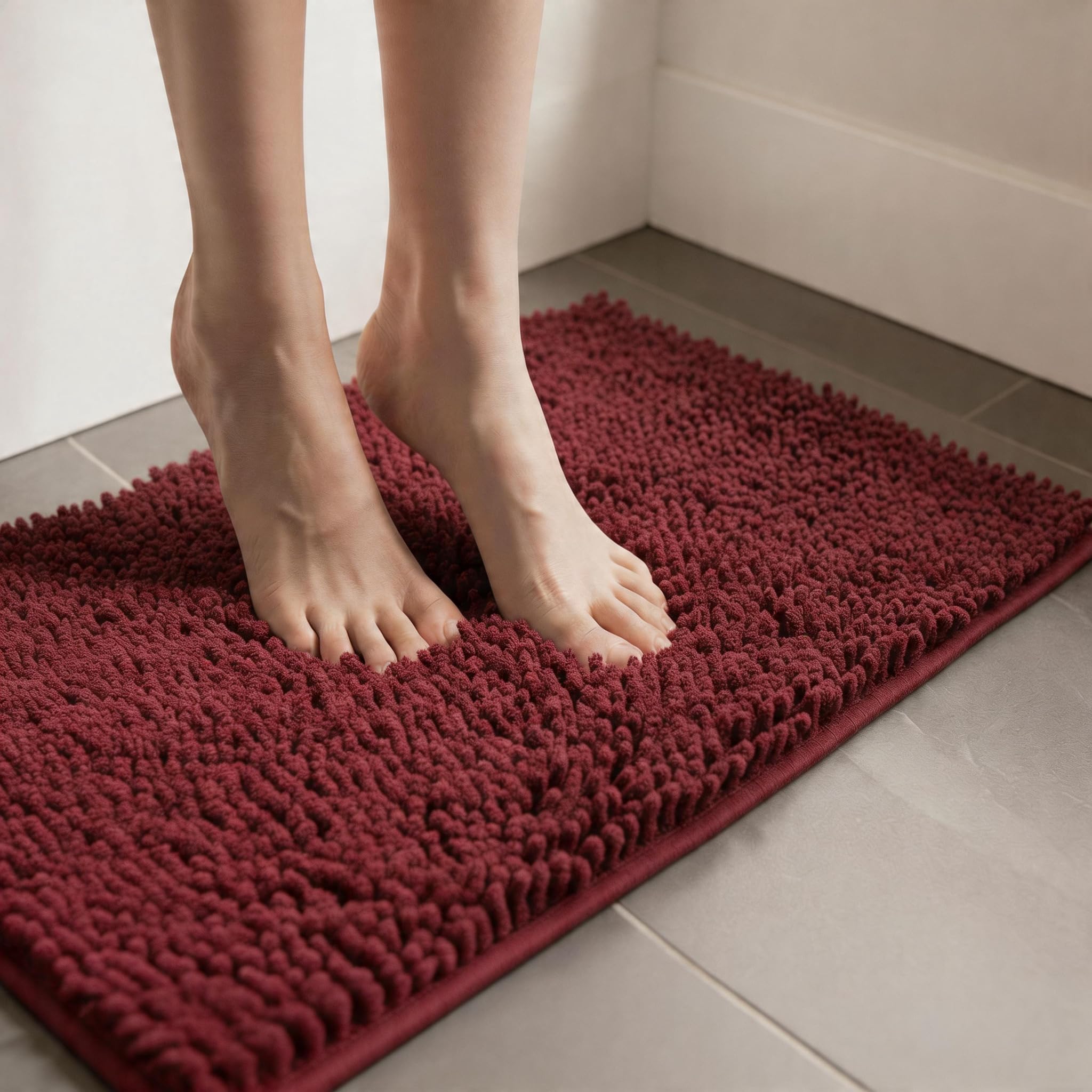 MEGAROOM Non Slip Chenille Bath Mat - Absorbent Bathroom Mat - Extra Soft Bath Mat for Bathroom - Non Slip Anti Mould with 40 x 60 cm, Machine Washable, Dark Red — image 1