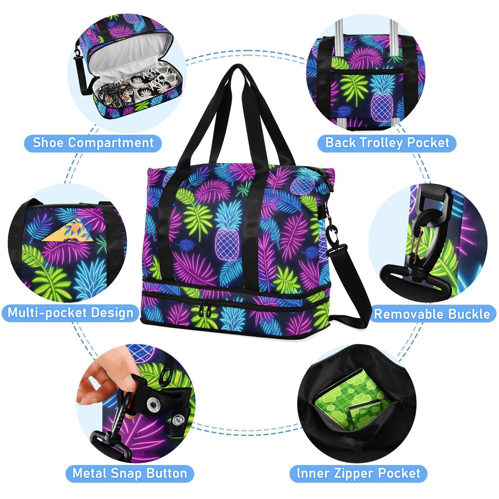 Bolsa de transporte grande de hoja de piña de neón con bolsillo húmedo con correa ajustable, bolsas de lona para viajes, plegable para hombres y mujeres