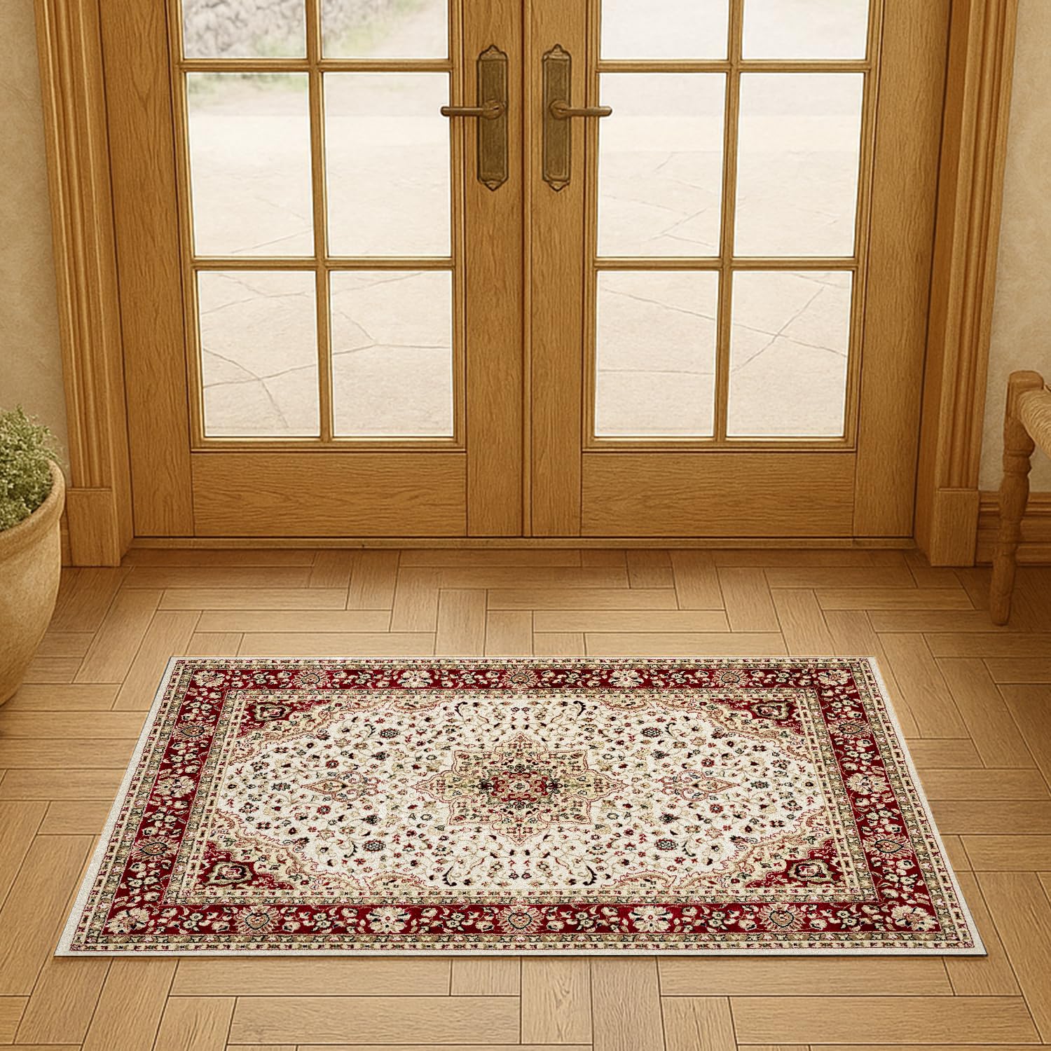 Rugs Inn Traditional Collection Doormat – Non-Slip Washable Doormat, Heavy Duty Welcome Dirt Trapper, Water Absorbent Floormat for Indoor use, Front Entrance and kitchen (Cream, 60x110 cm)