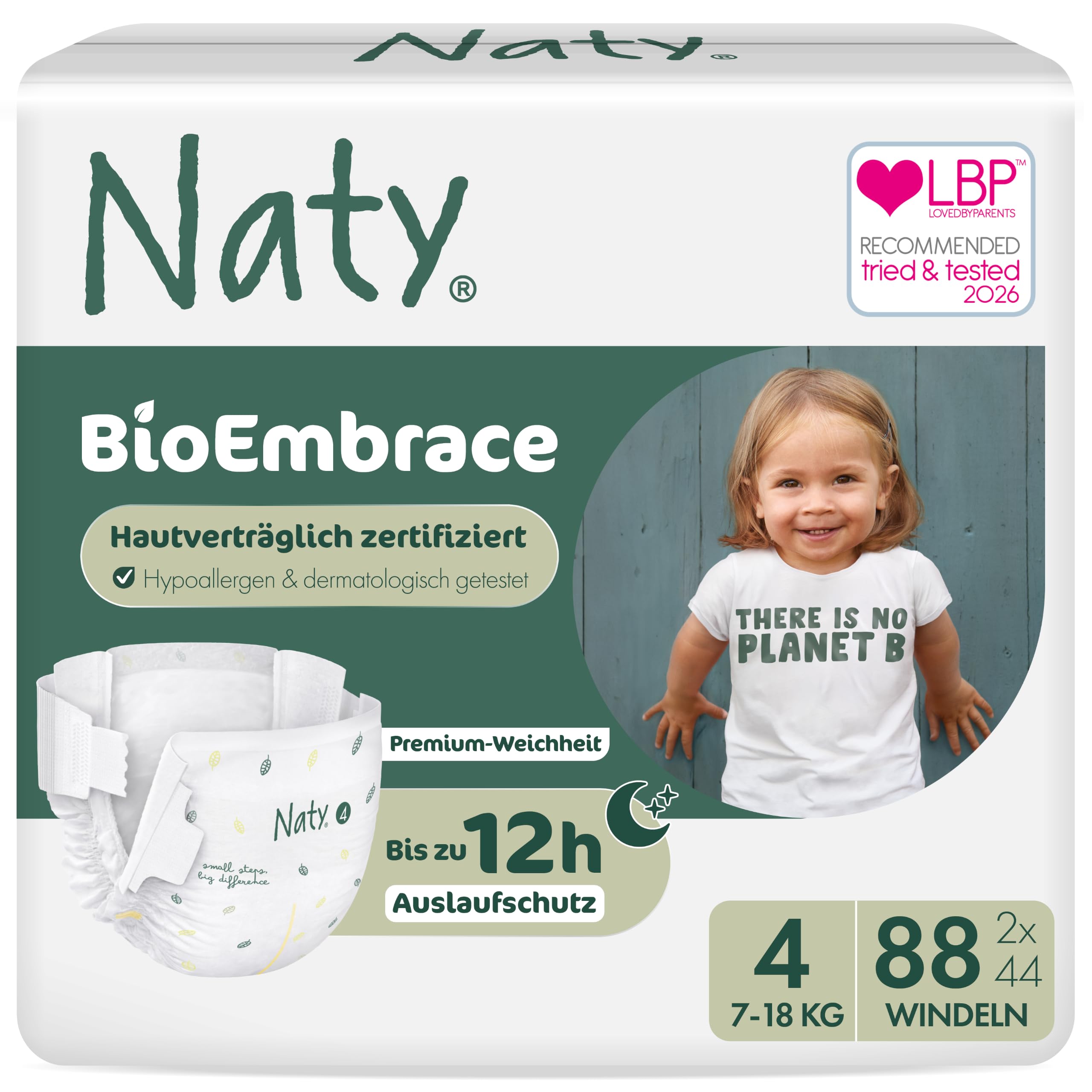 Naty BioEmbrace Baby Windeln Größe 4 (7–18 kg) 88 Stück Hypoallergen Saugstark Auslaufschutz