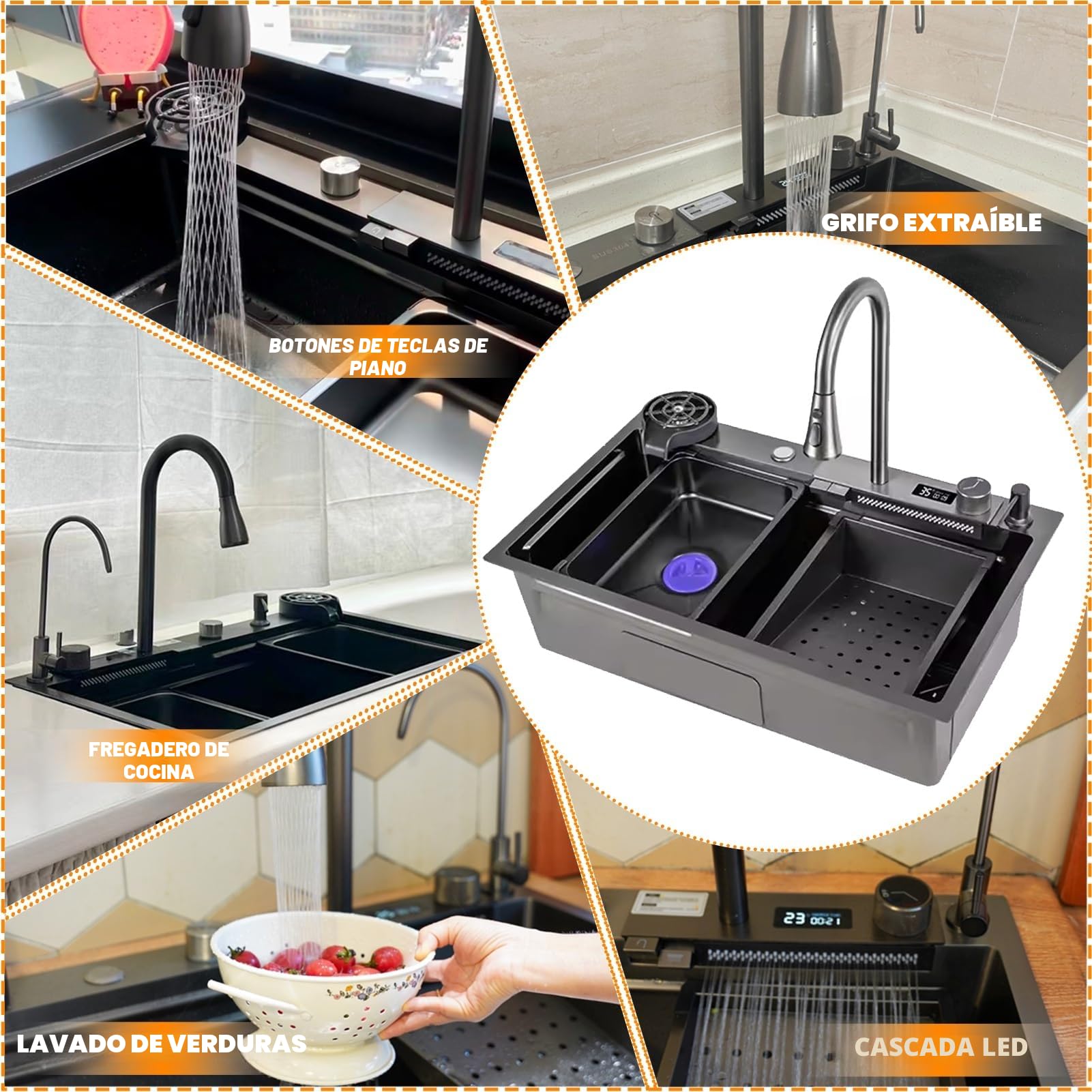 Fregadero de cocina con cascada negra, 80 x 45 cm, 1 cuenco, acero inoxidable, rectangular, sifón, rebosadero y desagüe, moderno y multifuncional, fregadero cascada con juego de accesorios
