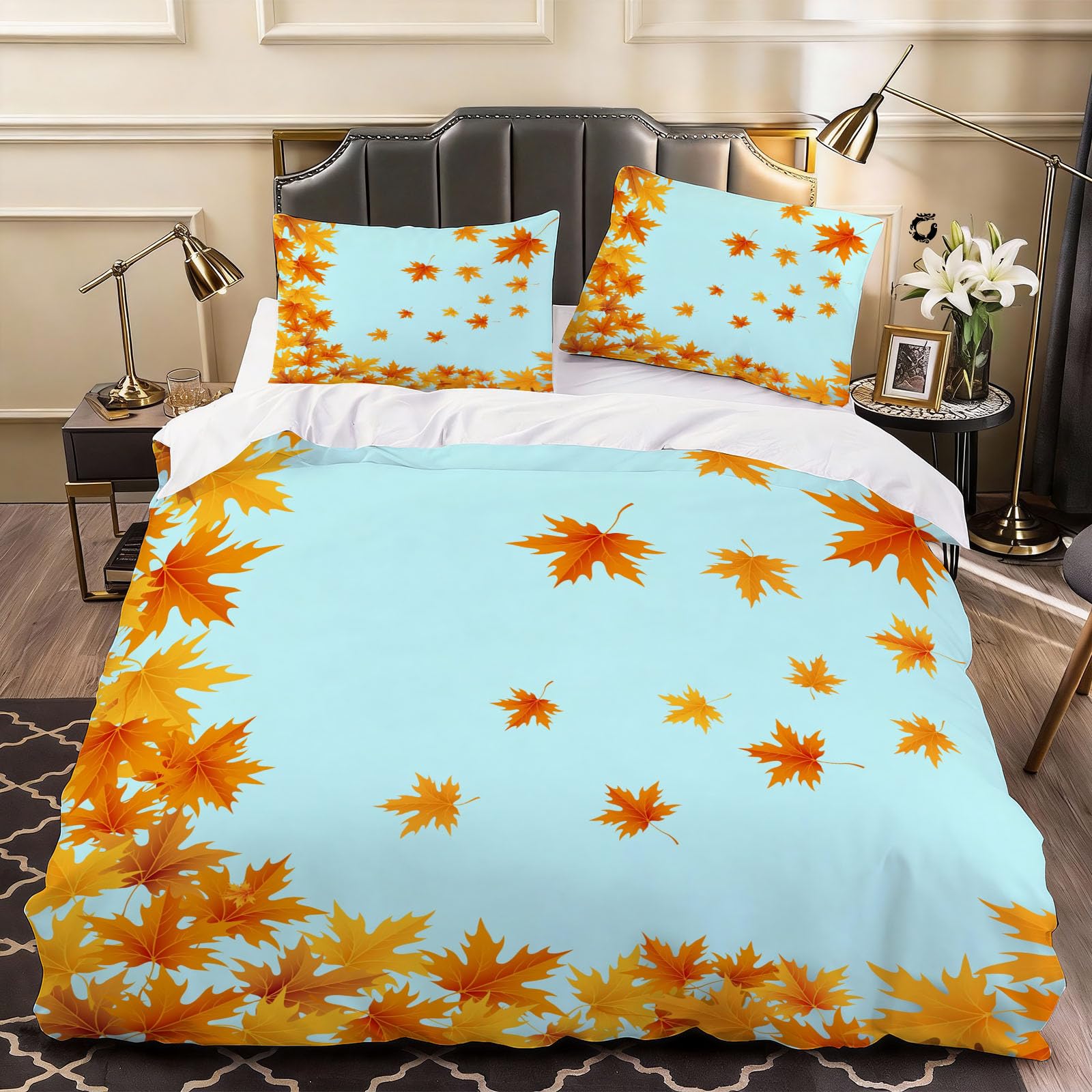 3D Maple Orange Duvet Cover Maple Orange Bedding Double Bed Set, Soft Microfiber Comforter Cover Printed with Zipper Closure Quilt Coverr 200x200 cm and 2 Pillowcases