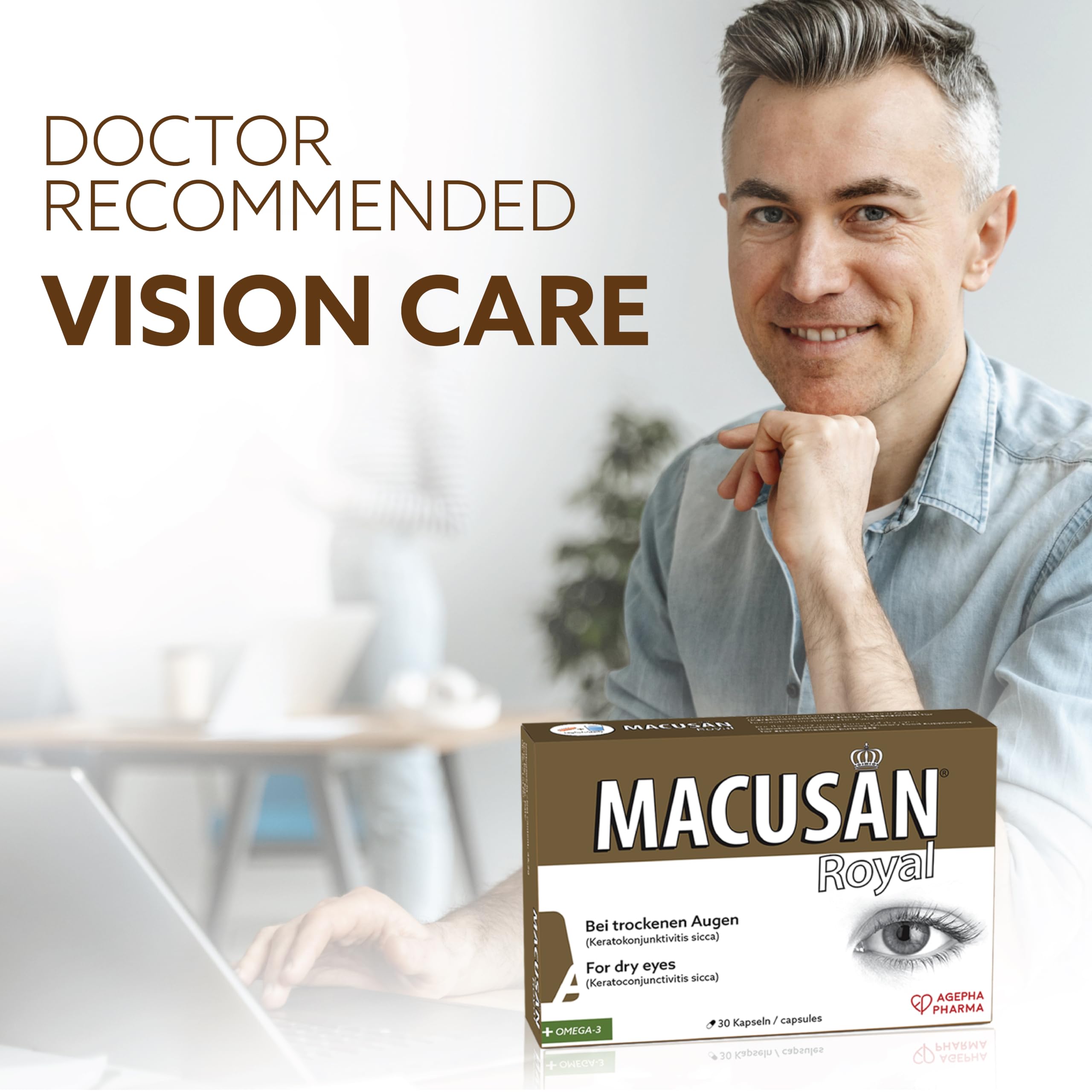 Macusan® Royal - Augenvitamine zur Behandlung bei trockenen Augen - Senkung des Risikos einer Altersbedingten Makuladegeneration (AMD) - Omega-3, Lutein und Zeaxanthin (30 Kapseln)