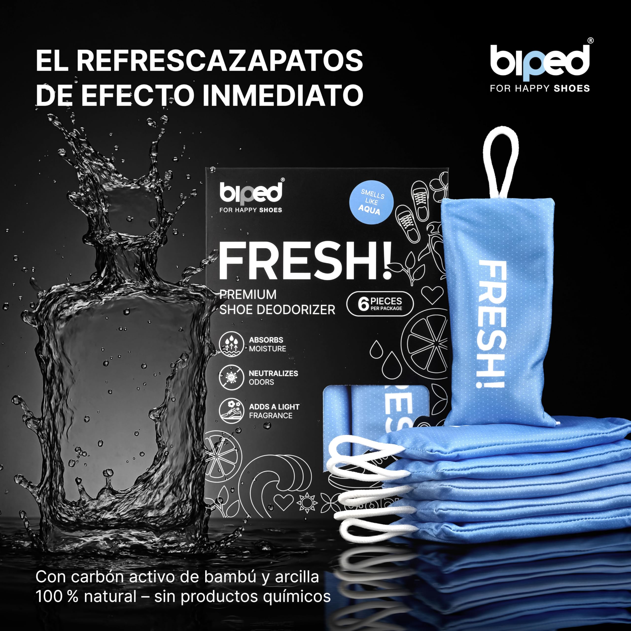 biped FRESH! desodorante premium para calzado – cojín aromático con carbón de bambú activo – elimina olores y sudor de zapatillas, zapatos deportivos y mochilas z2925(AQUA, 6 pieces)