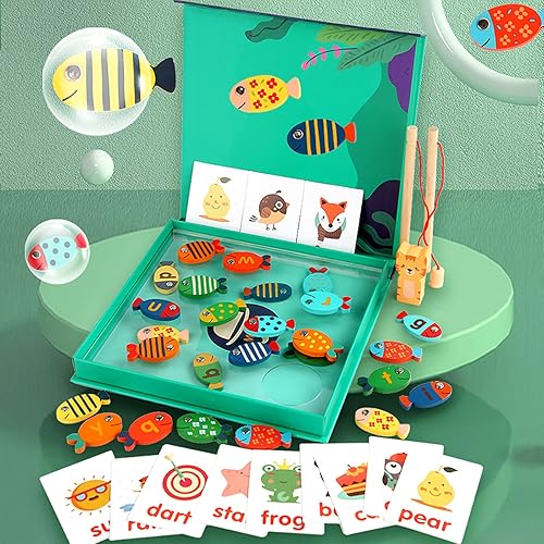 Juego de pesca magnético de madera para niños pequeños, juguetes de pesca Montessori para niños pequeños con 10 tarjetas de actividad, juguetes