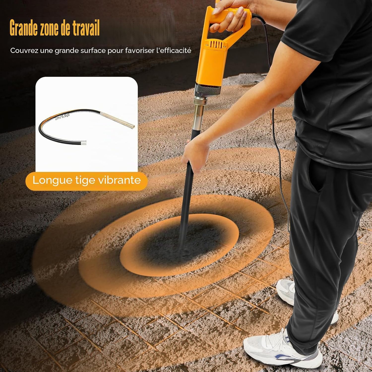 Vibreur Beton Betonniere Électrique 1300W Aiguille Vibrante Pour Beton 2M Vibrateur à Béton 4300 tr/min Plaque Vibrante Vibreur à Ciment Portable, Éliminer Bulles d'Air, Mélanger Le Béton