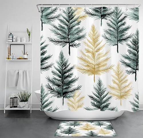 Miniatura 10 de Cortina de ducha de pino verde y dorado para baño, cortina de ducha moderna abstracta de árboles de Navidad sobre blanco con 12 ganchos, cortinas