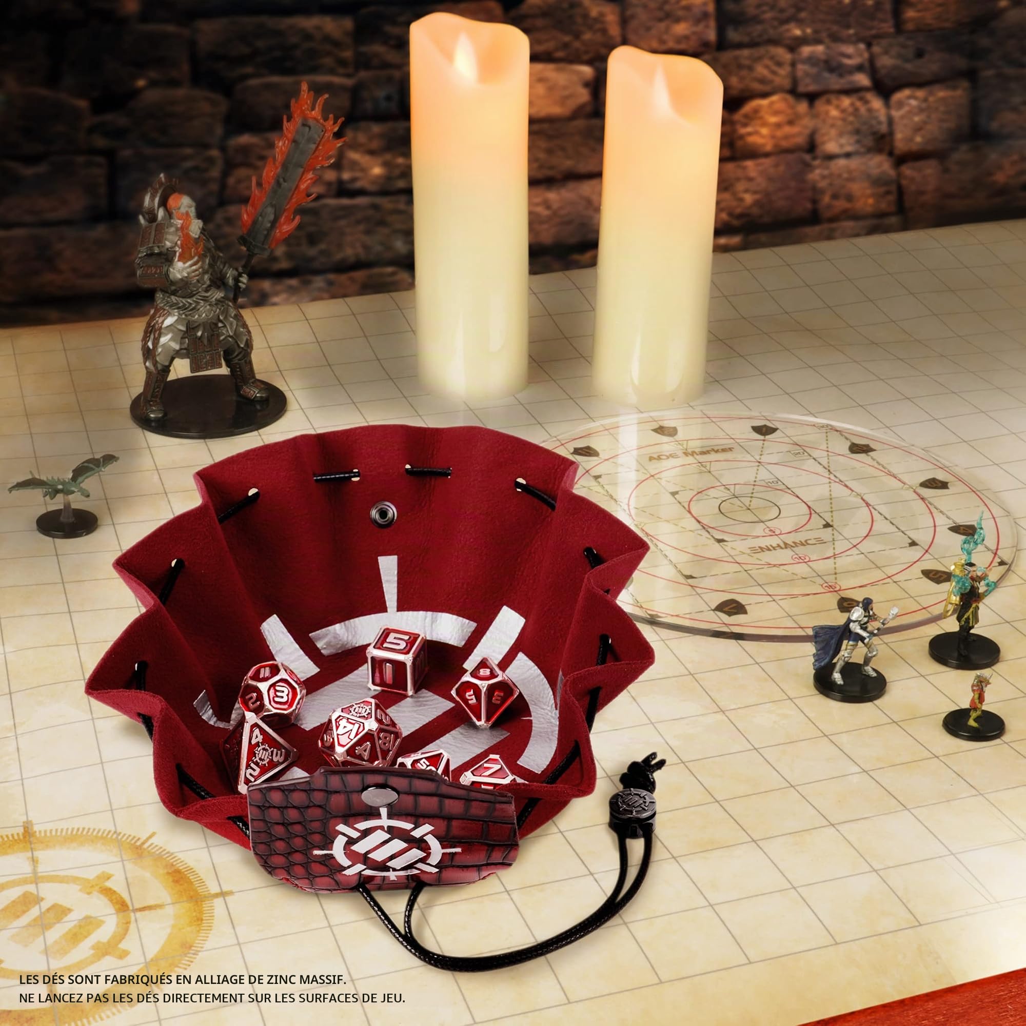 ENHANCE DND Metal Dice Set - 7 Dés Polyédriques avec Sac à en Cuir Végétalien 2 en 1 et Plateau à, D&D en Métal Solide pour Donjons et Dragons, RPG (Édition Collector Rouge)