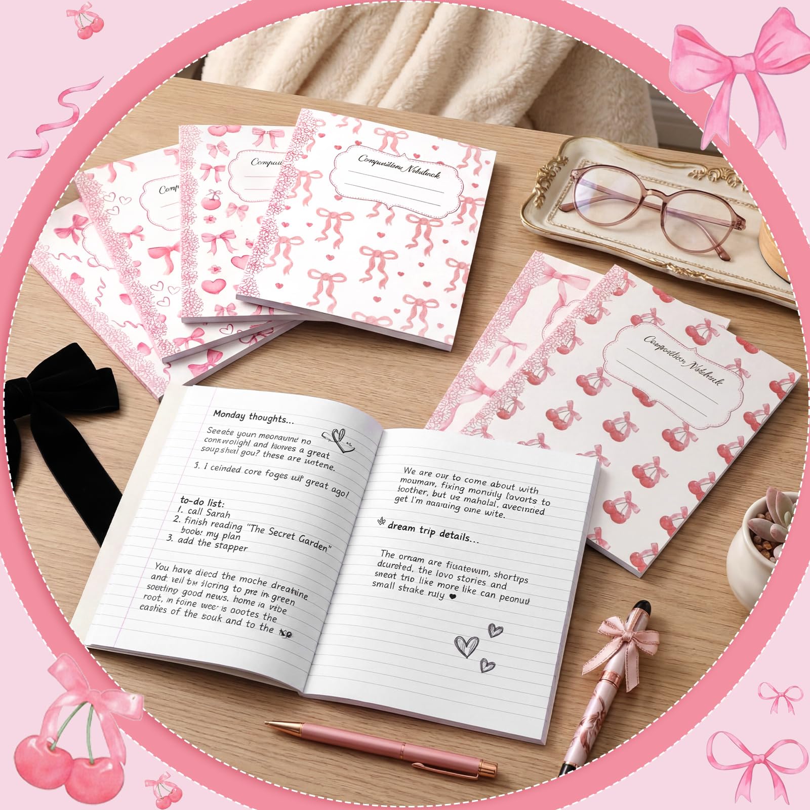 Fullhawl Paquete de 6 cuadernos de composición a rayas universitarias a granel rosa claro, cuaderno de composición de lazo rosa claro para suministros de regreso a clases, 110 páginas 9-3/4 x 7-1/2