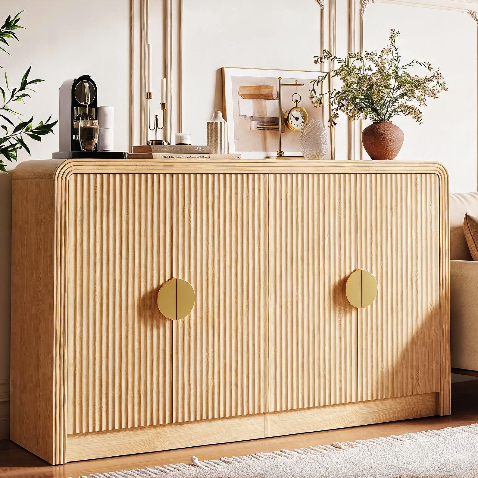 Photo 1 of Decofy 55" Fluted Buffet Sideboard Cabinet, Modern Mid Century Console Cabinet with Adjustable Shelves & Wavy Grain Doors for Kitchen Cabinet Storage,Living Room,Entryway,Coffee Bar Cabinet (Oak)