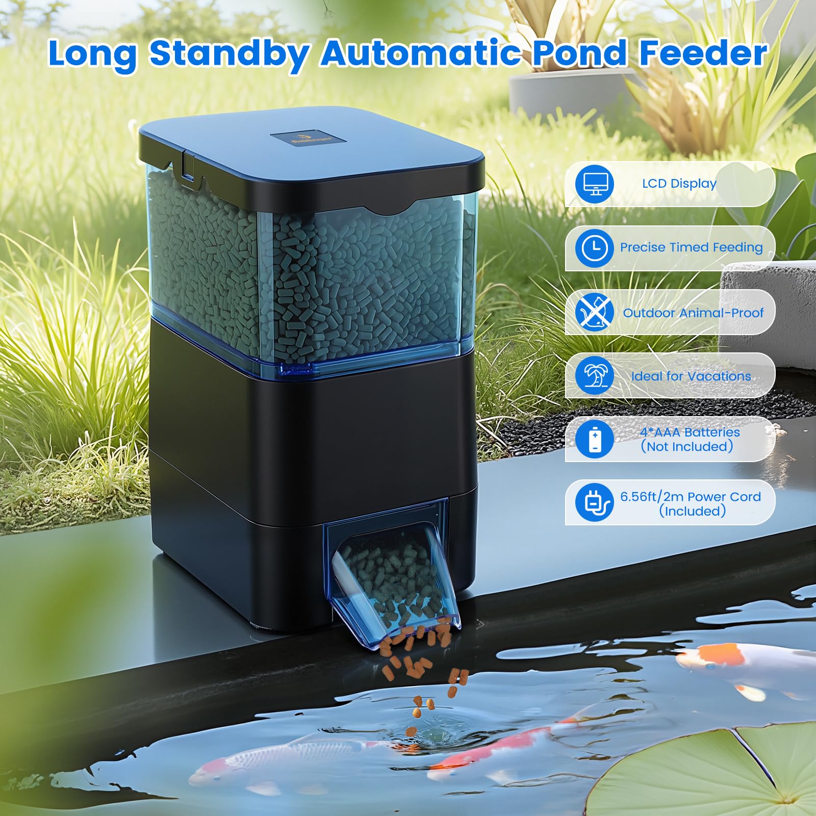 fishkeeper 2.8 L Automatischer Futterautomat Teich Außen, Wetterfester und Kippsicherer Teichfutterspender, Programmierbarer Koi-Futterspender mit LCD-Display, Futterring Teich Ideal für den Urlaub