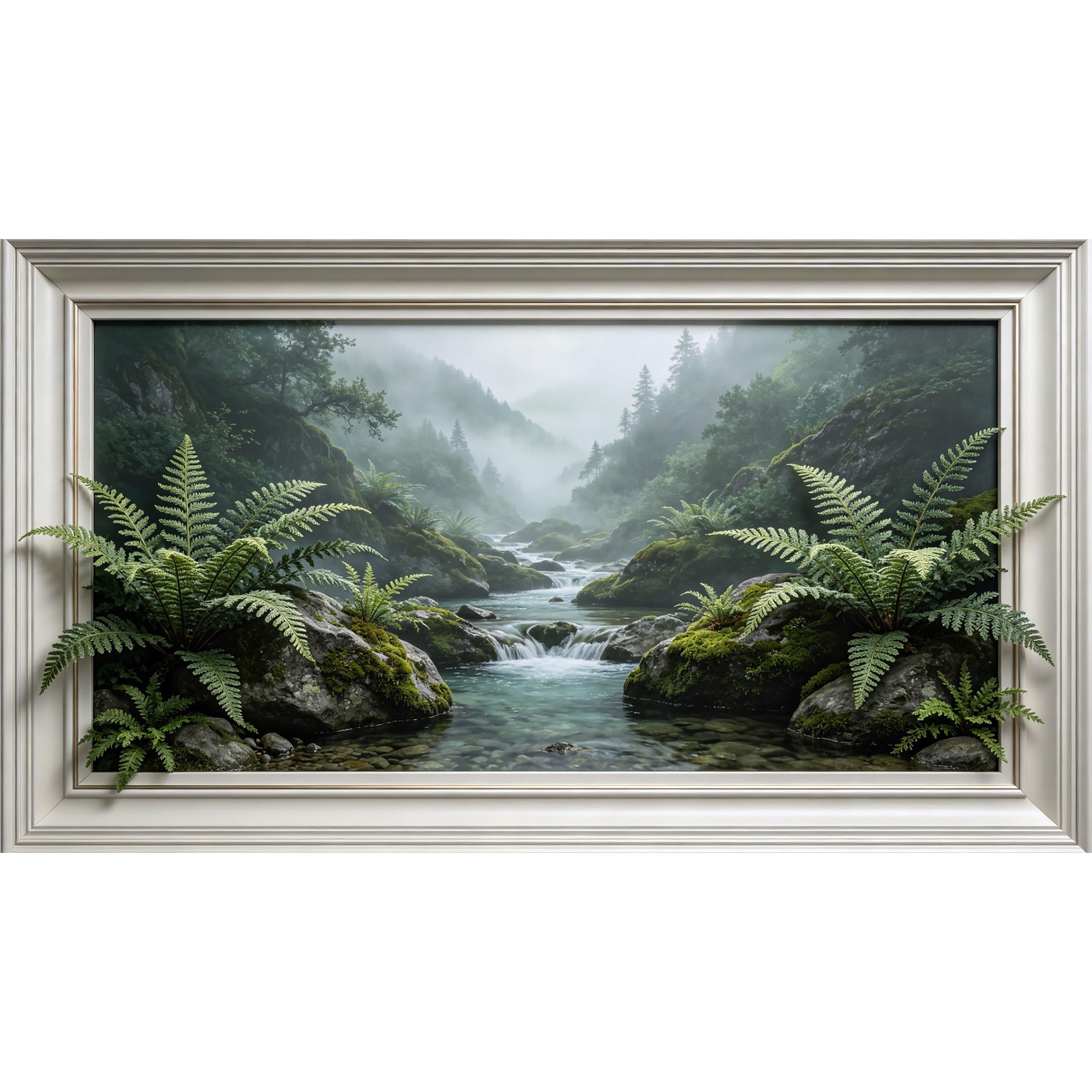 QZLITHOTIC 50×90cm3D Framed Wall Art， Misty Mountain River Fern Botanical Self?Adhesive Mural， Water?Activated Peel & Stick Fabric Decor Wall Decal for Bedroom Living Room