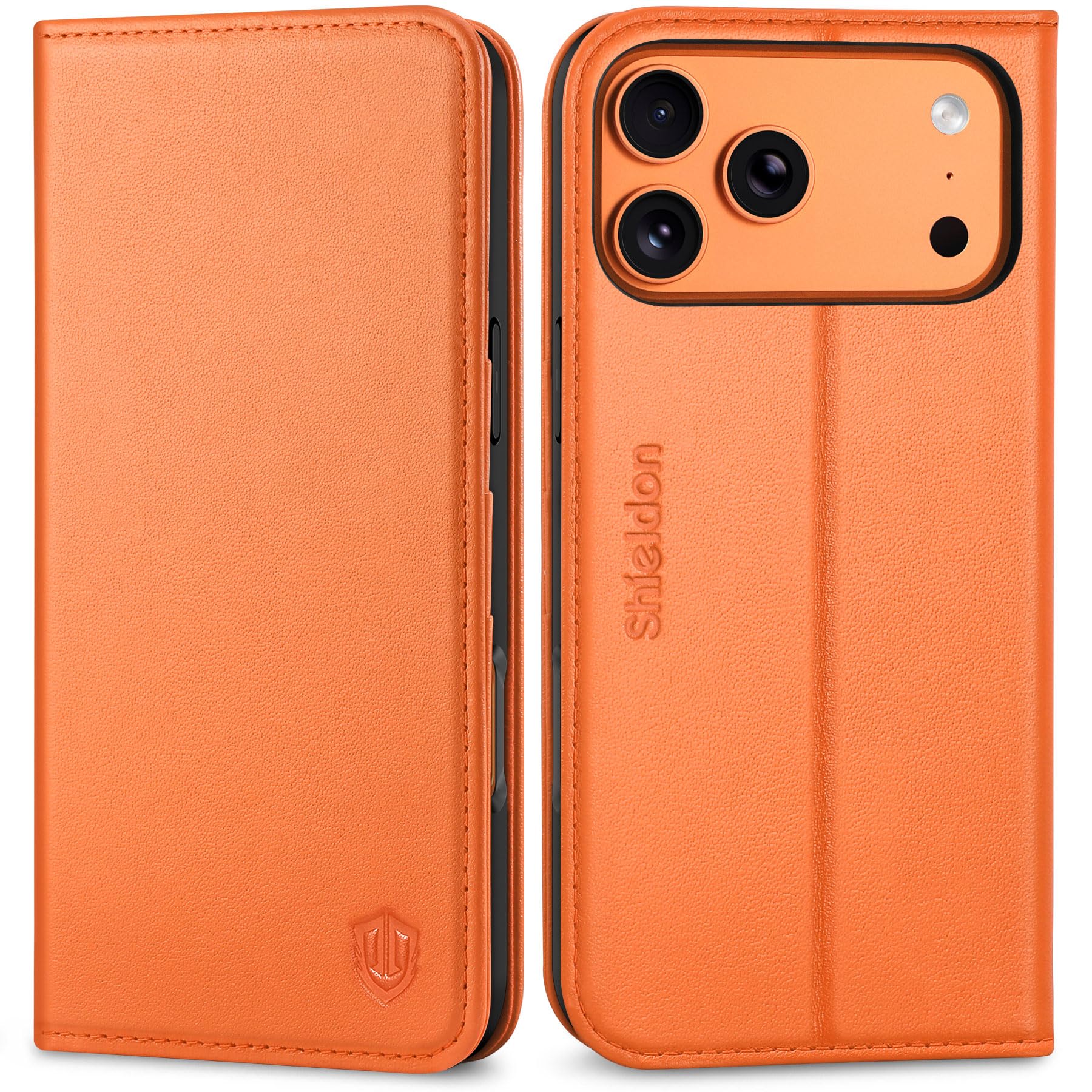 SHIELDON Real Leather Wallet Case for iPhone 18 Pro Max/17 Pro Max, Orange
