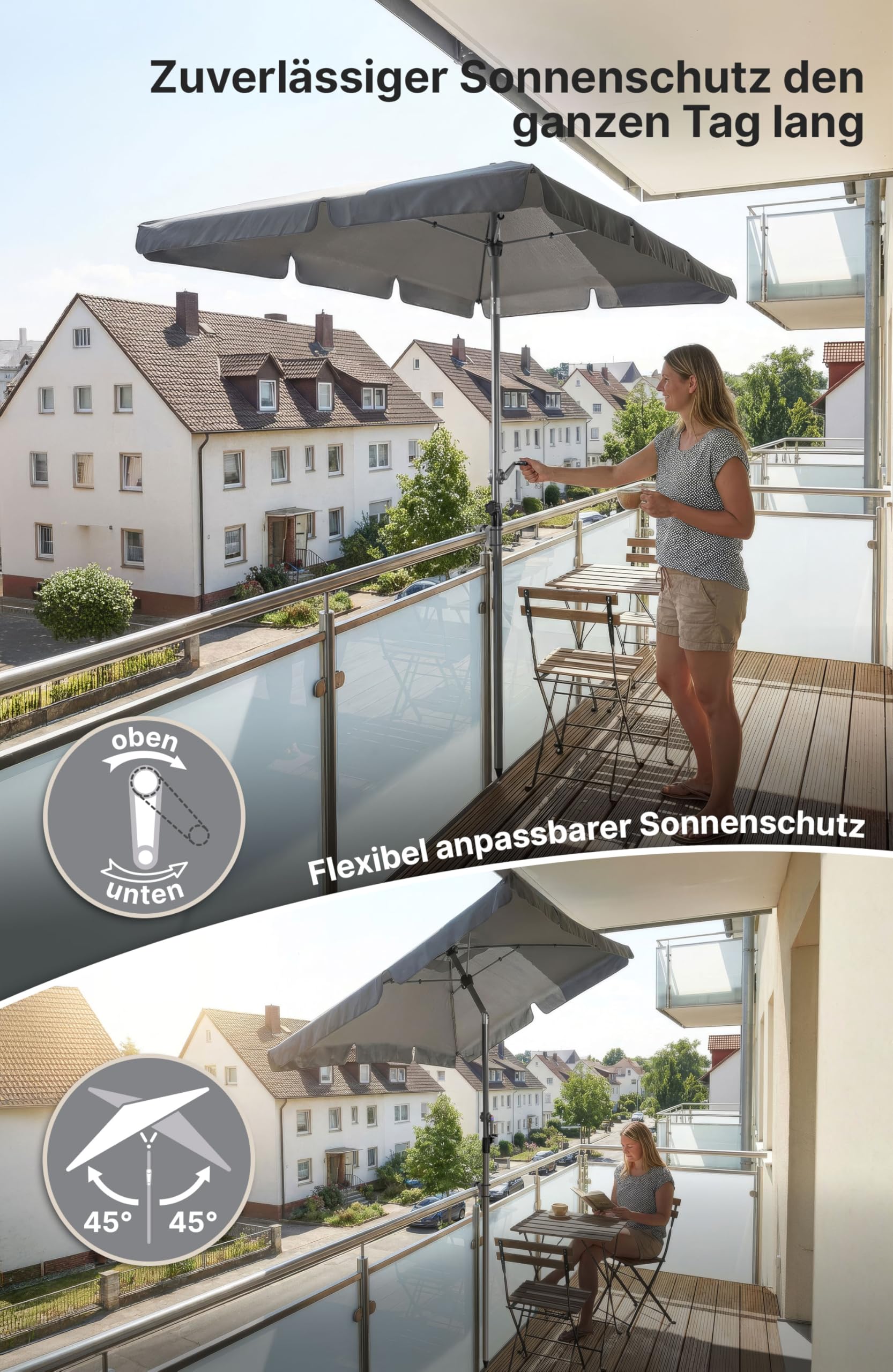4smile Sonnenschirm Balkon mit Kurbel, Sonnenschirm rechteckig 200x125 cm, Sonnenschutz Balkon mit UPF 50+, Balkonschirm mit Schutzhülle, knickbar und höhenverstellbar, Anthrazit