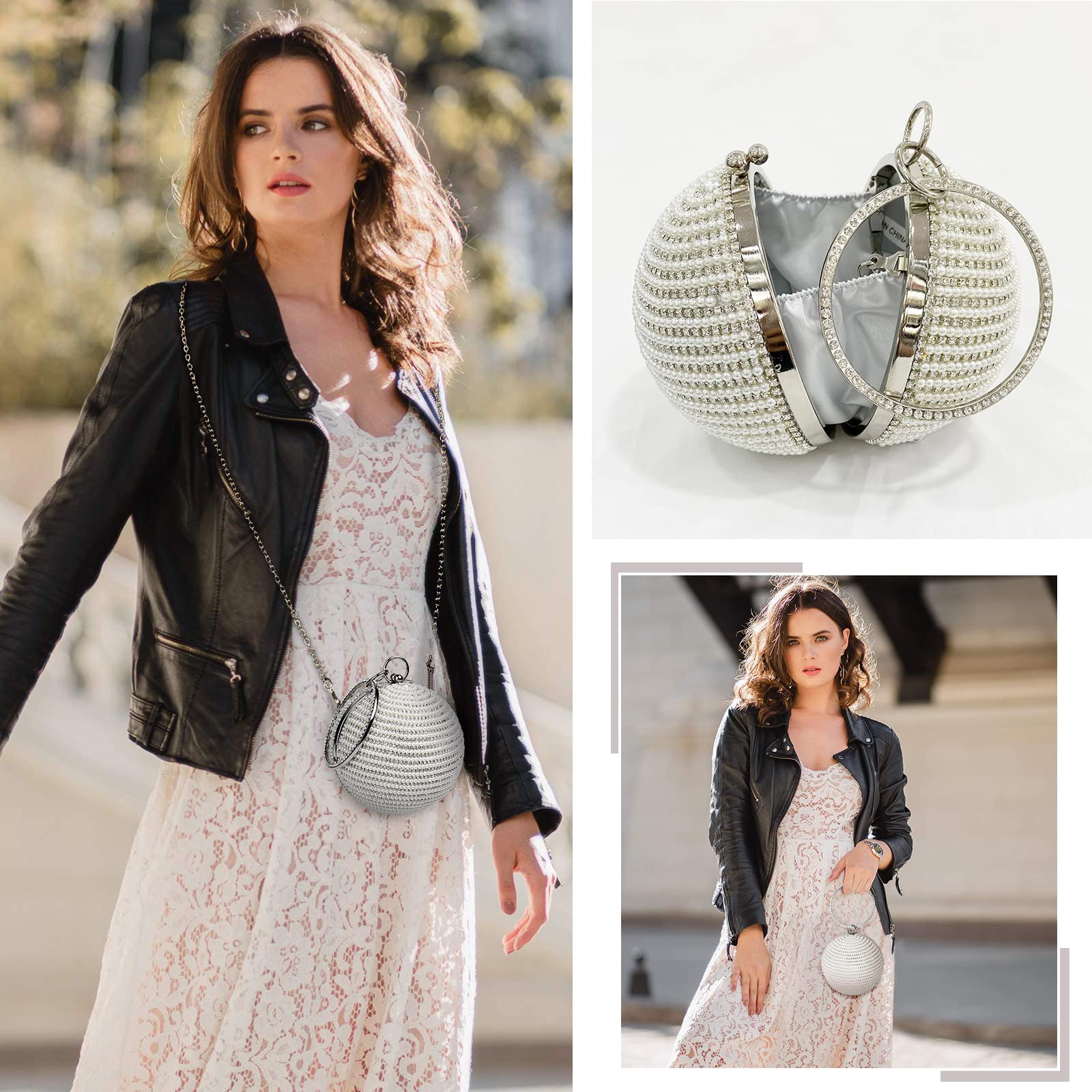 Bolso de Noche para Mujer Bola Redonda Diamantes de Imitación Clutch Perlas Cartera de Mano Embrague Bolso de Fiesta Bolsos Bandolera para Fiesta de Graduación Banquete Boda Plata