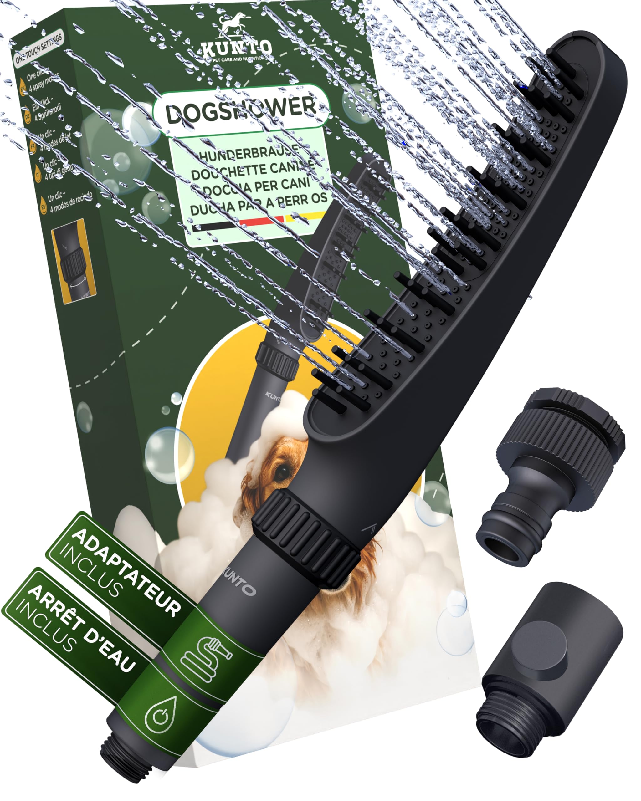 KUNTO® Pomme de douche pour chien avec 4 types de jets - Tête de douche en silicone et adaptateur pour tuyau d’arrosage
