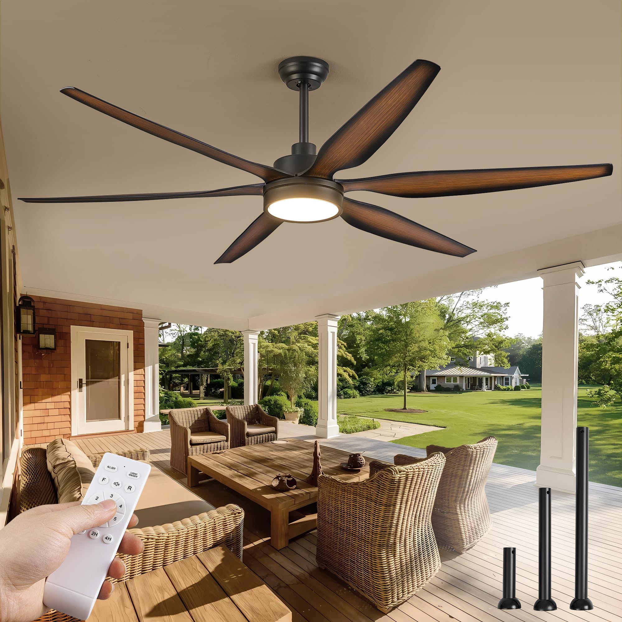 66 inch Large LED Ceiling Fans with Lights and Remote, Indoor/Outdoor Noiseless DC Motor Farmhouse Black Ceiling Fan for Patio Living Room, 3 CCT, 6 Speed Reversible, 6 Blades