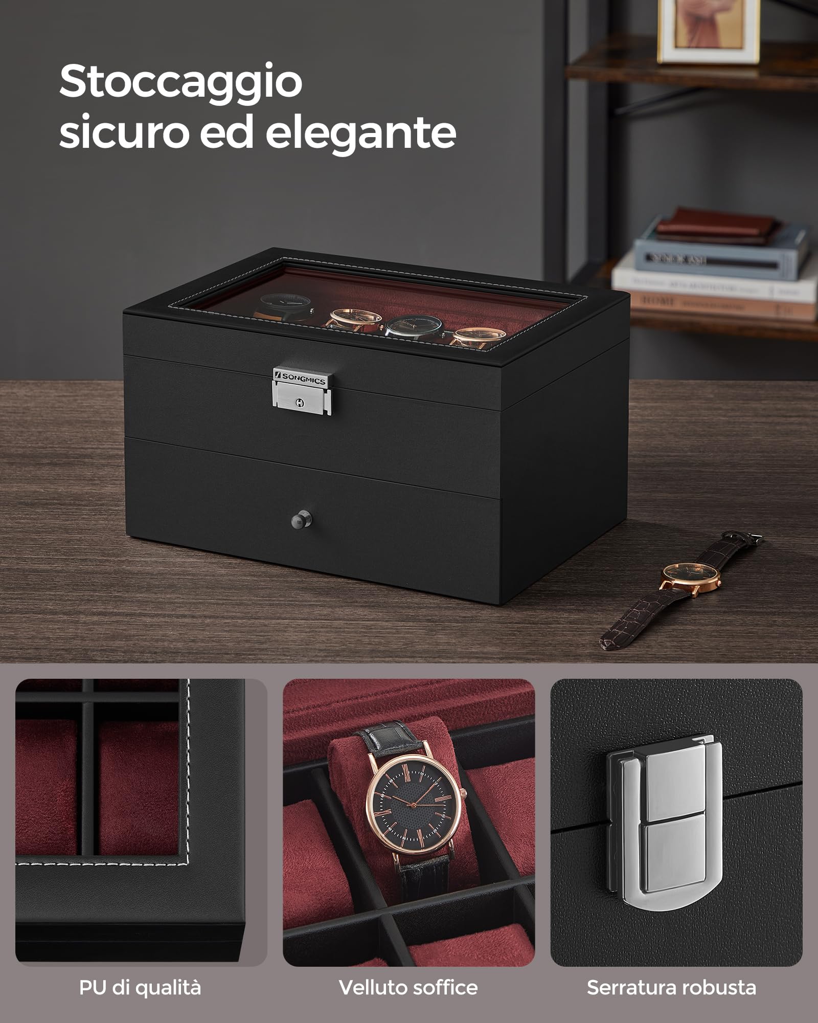 SONGMICS Porta Orologi, Scatola Portaorologi a 2 Livelli, Coperchio in Vetro, con Cuscinetti Rimovibili, Idea Regalo, Superficie in PU Nera, Interno Rosso Bordeaux JWB020R01