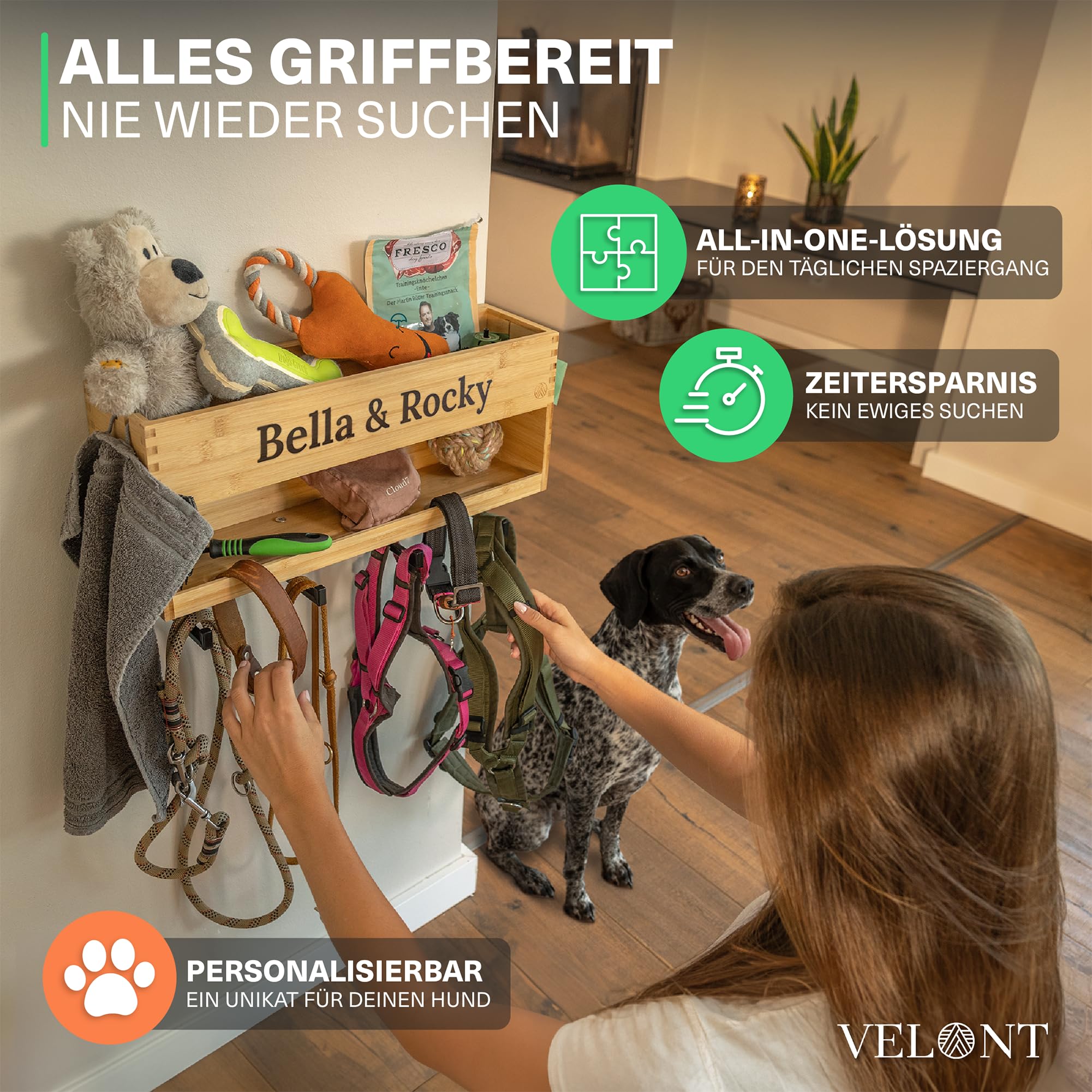 VELONT Hundegarderobe mit Ablage Personalisiert - Größe XL - Perfekter Leinenparkplatz - Bambus - Dogstation für Leinen & Zubehör - Inkl. Kotbeutelspender und Montagekit (06 XXL Gravur)