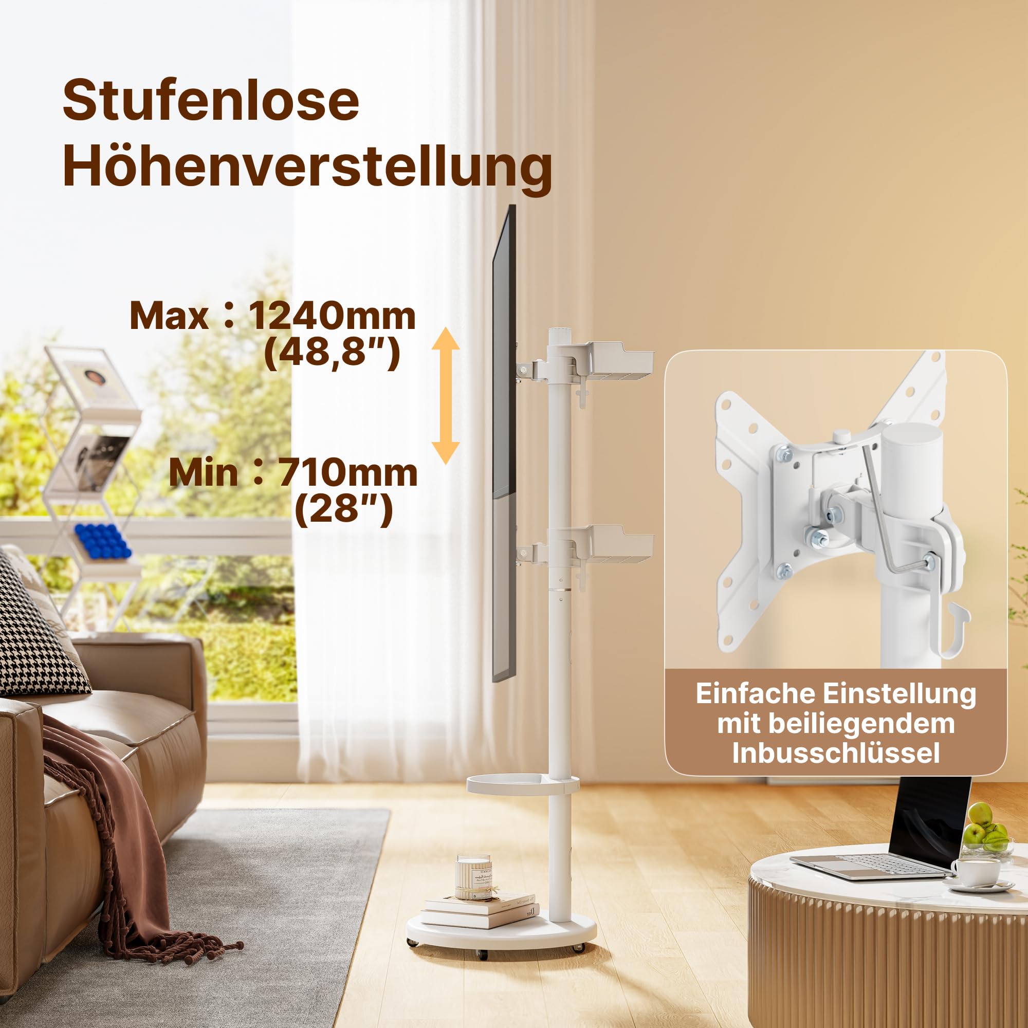 Rollender TV-Ständer mit Rädern für 17–43 Zoll Fernseher bis 15KG, Höhenverstellbarer Robuster Mobiler TV-Wagen mit Ablage, Portrait zu Landscape, Max. VESA 200x200 mm, Weiß
