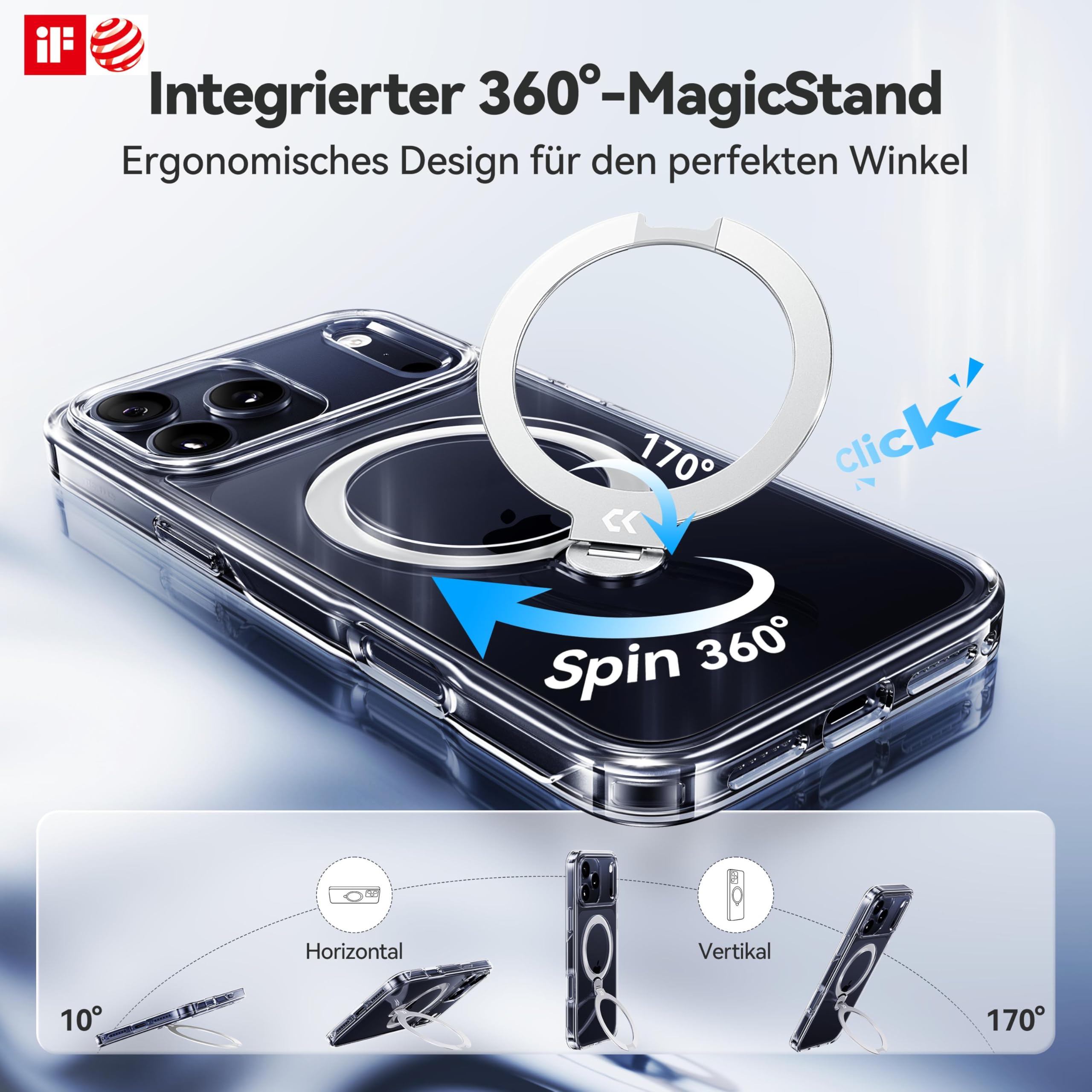 CASEKOO für iPhone 17 Pro Hülle für MagSafe [360 Drehständer] [Kameraschutz & Militärschutz] Stoßfest Schutzhülle Transparent Handyhülle für iPhone 17 Pro Case 6,3 Zoll - Durchsichtig