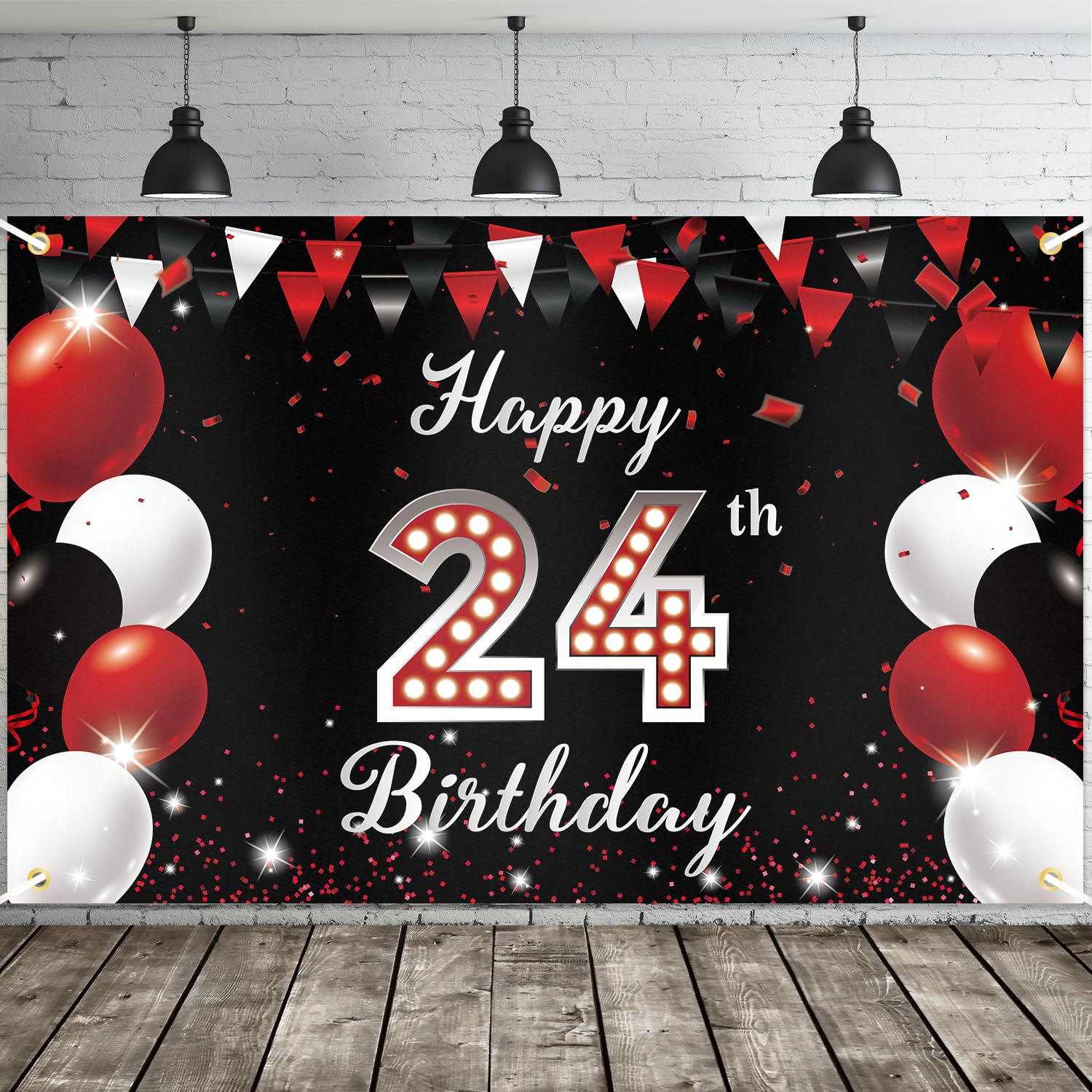 JOYKY Happy 24th Birthday Banner, Red Black Happy 24th Birthday Party Decorations for Men Women, 24 Year Old Birthday Supplies Backdrop Décor, 5.9 X