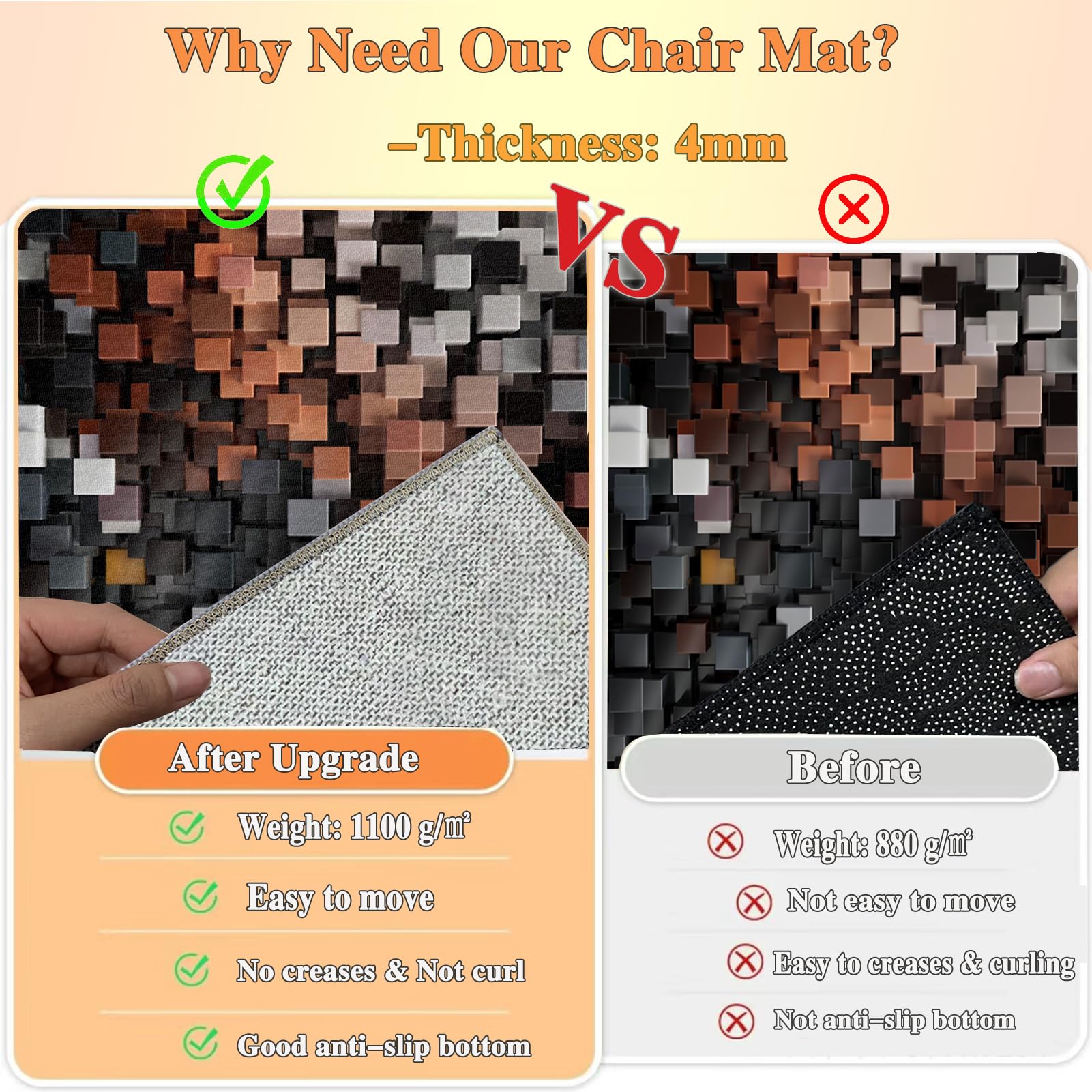 Bodenschutzmatte für Hartboden | Gaming Teppich Stuhlunterlage | Schreibtischstuhl Unterlage | Bürostuhl Unterlage | Verbesserte Version | Mehrzweck-Stuhlteppich für zu Hause | Kratzfest 180 x 200 cm