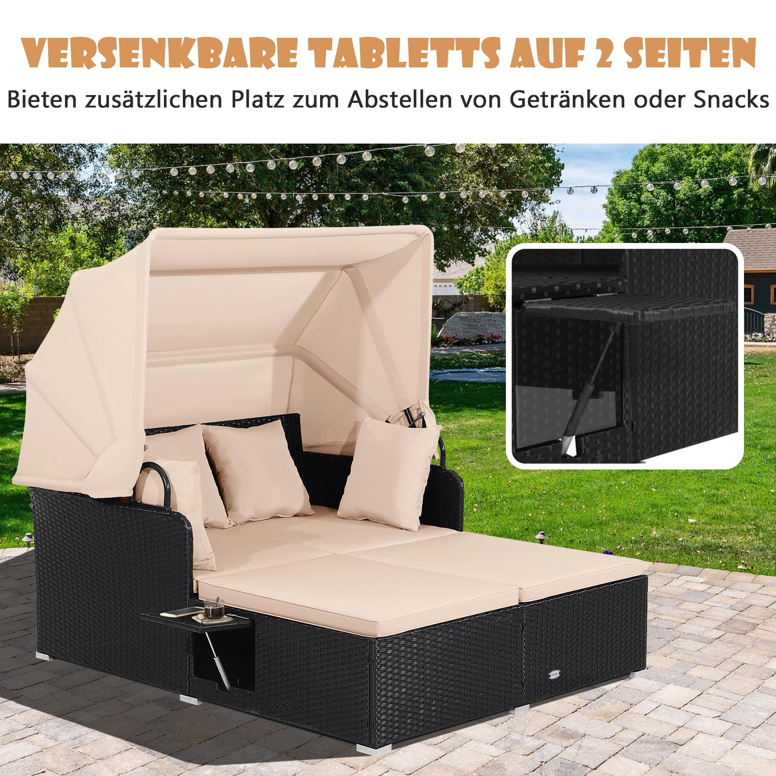 COSTWAY Sonnenliege Rattan für 2 Personen, Gartenliege mit Dach, Auflage, Kissen & ausklappbaren Seitentischen, Sonneninsel, Doppelliege, Sonnenbett, Loungebett für Garten, Terrasse (Gelblich)