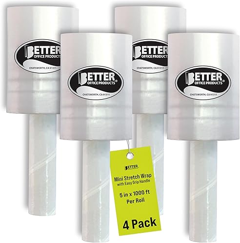 Better Office Products Paquete de 4 mini envolturas elásticas con mango de fácil agarre, autodisponible, 5 pulgadas x 1000 pies por rollo, calibre