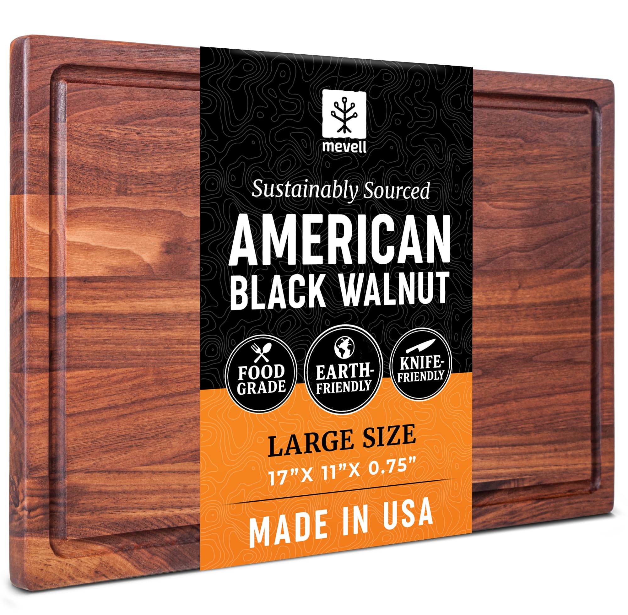 Mevell Walnut Wood Cutting Board for Kitchen Reversible Wood Cutting Board with Juice Groove Made in Canada (Walnut, 17x11x0.75)